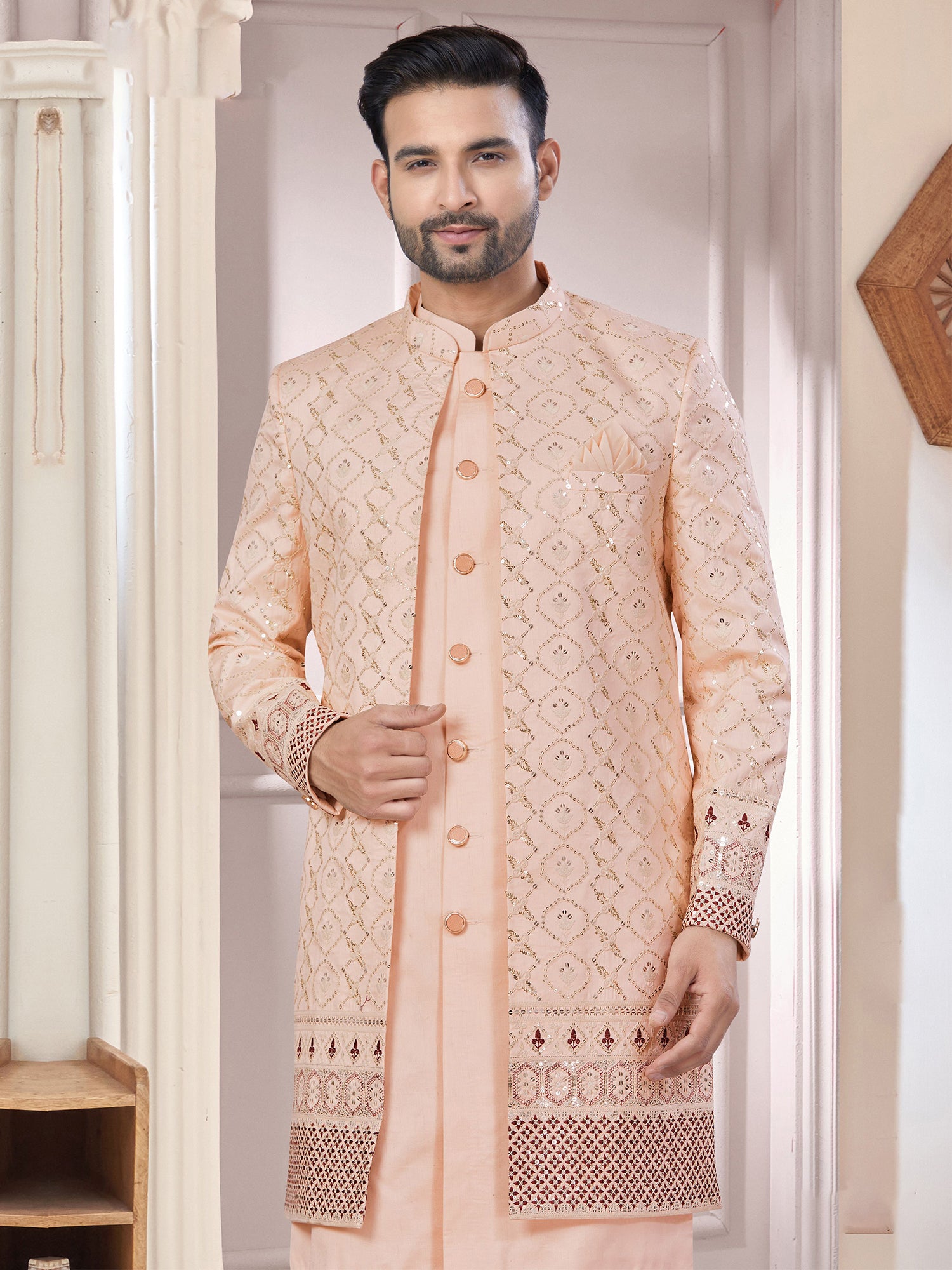 Peach Silk Jacket Style Indo Western In Thread Work