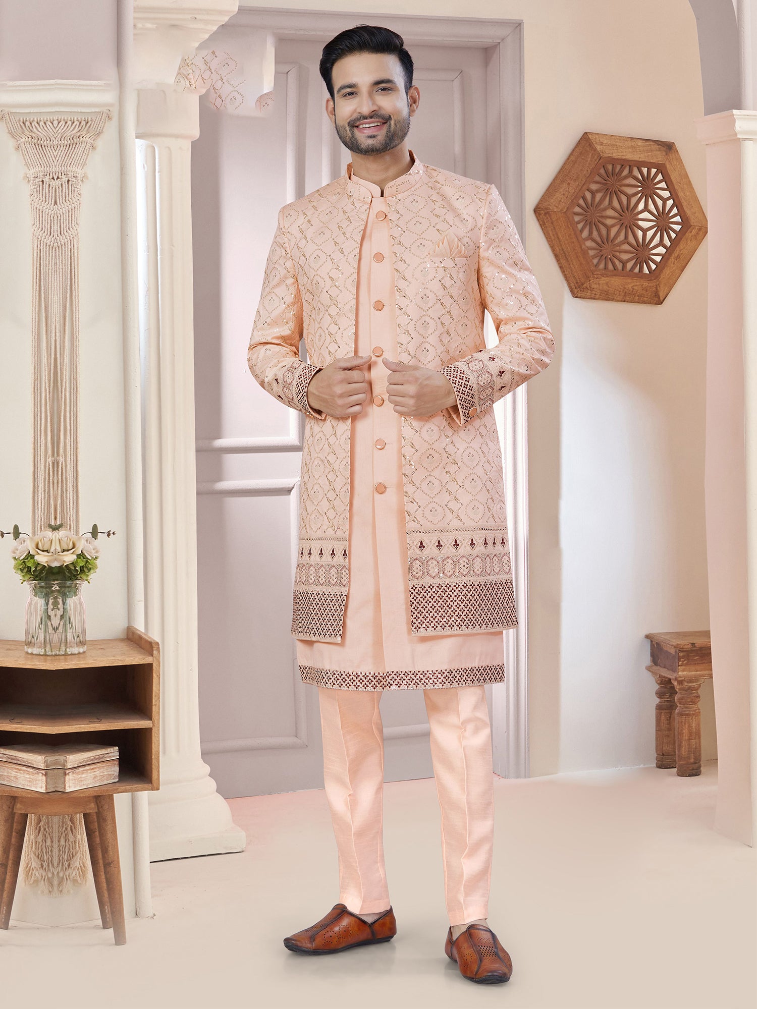 Peach Silk Jacket Style Indo Western In Thread Work