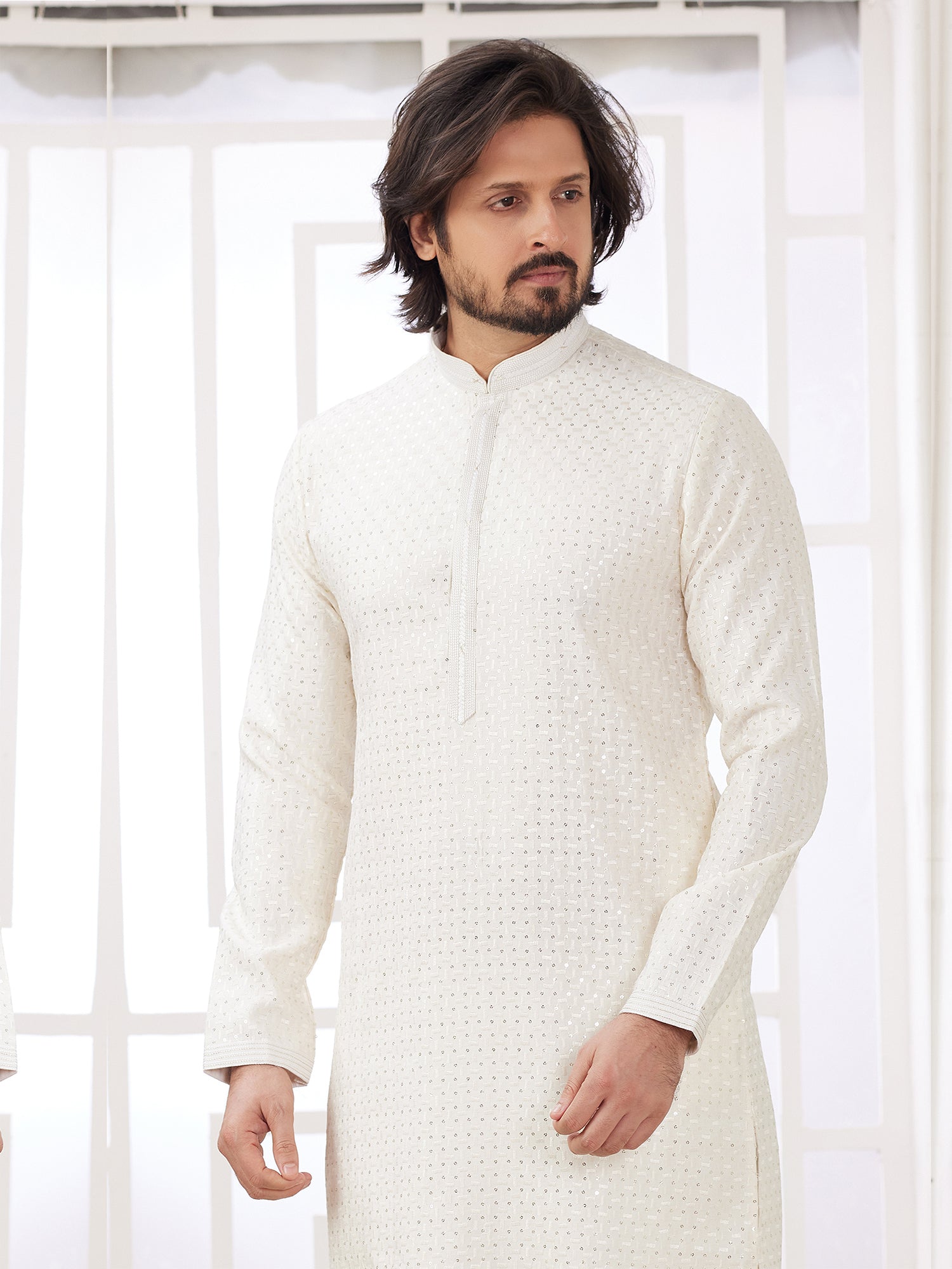 White Sequins Augmented Kurta Set For Mens