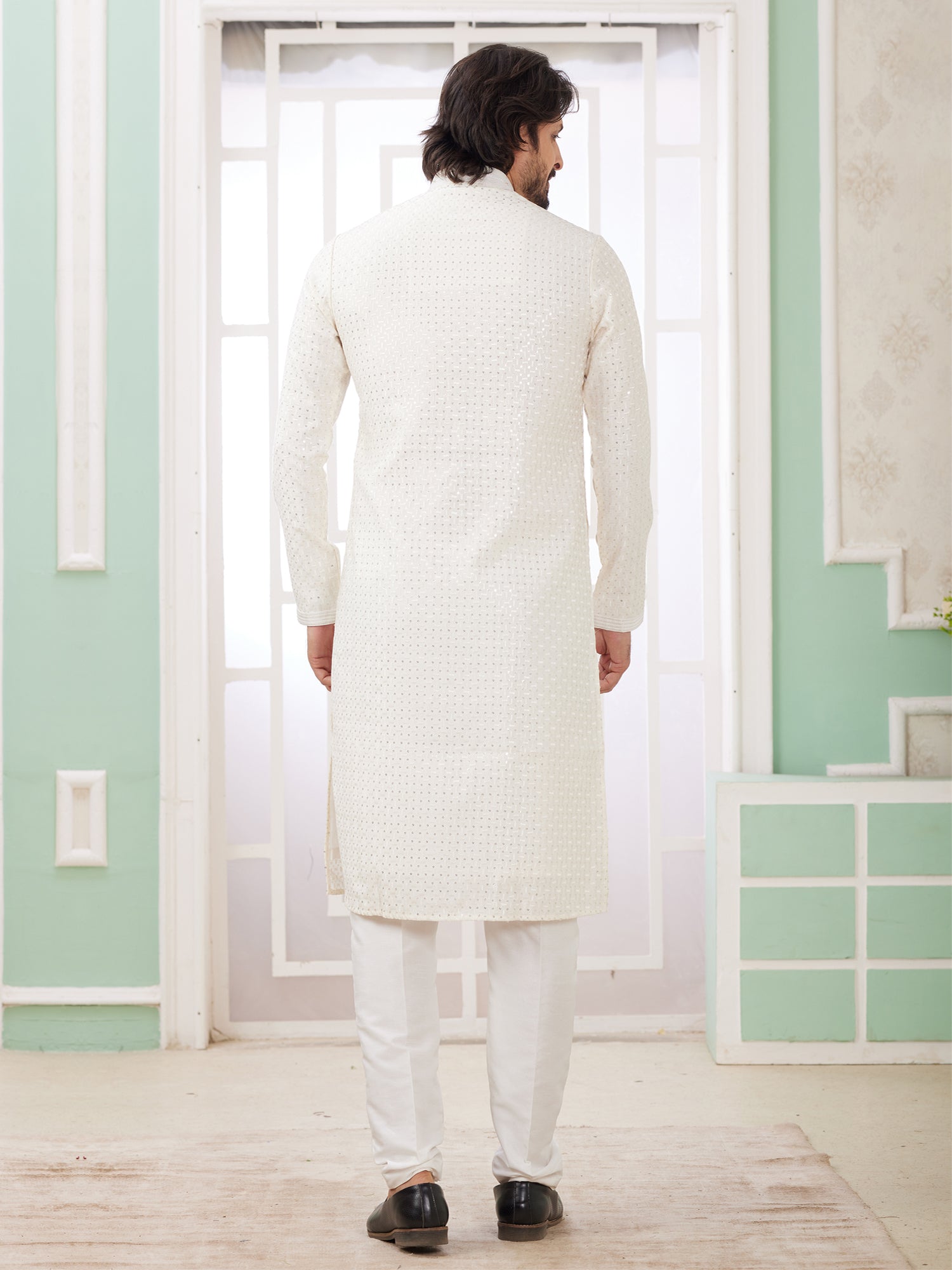 White Sequins Augmented Kurta Set For Mens