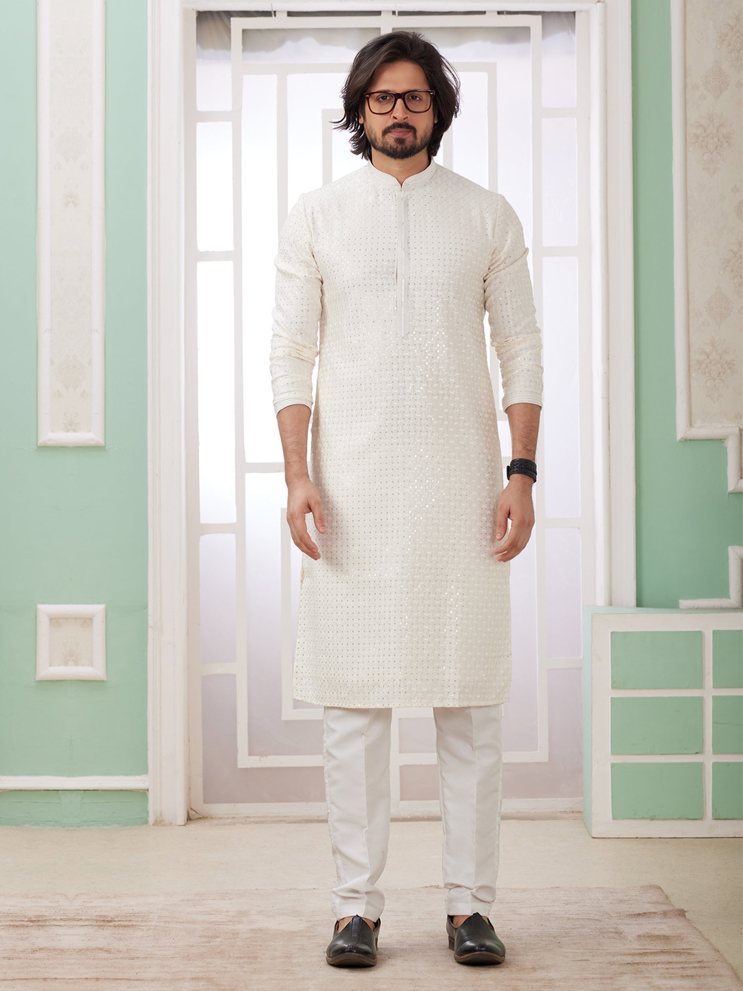 White Sequins Augmented Kurta Set For Mens