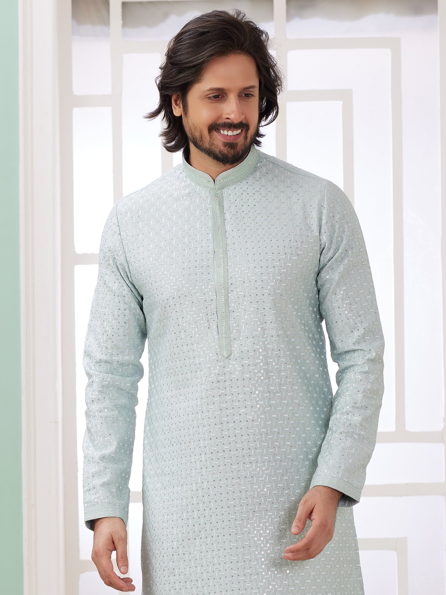 Grey Menswear Kurta Pyjama In Art Silk