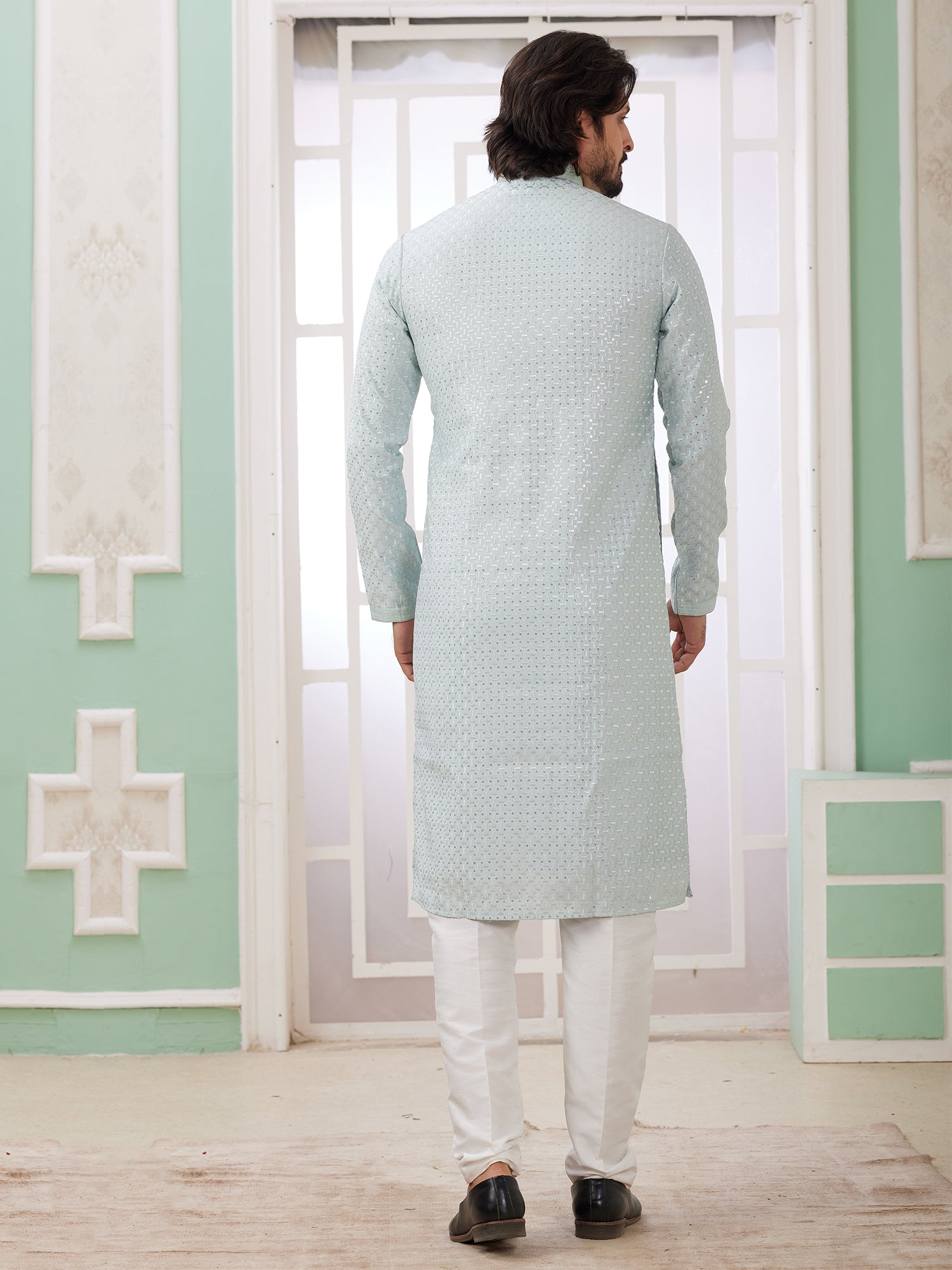 Grey Menswear Kurta Pyjama In Art Silk