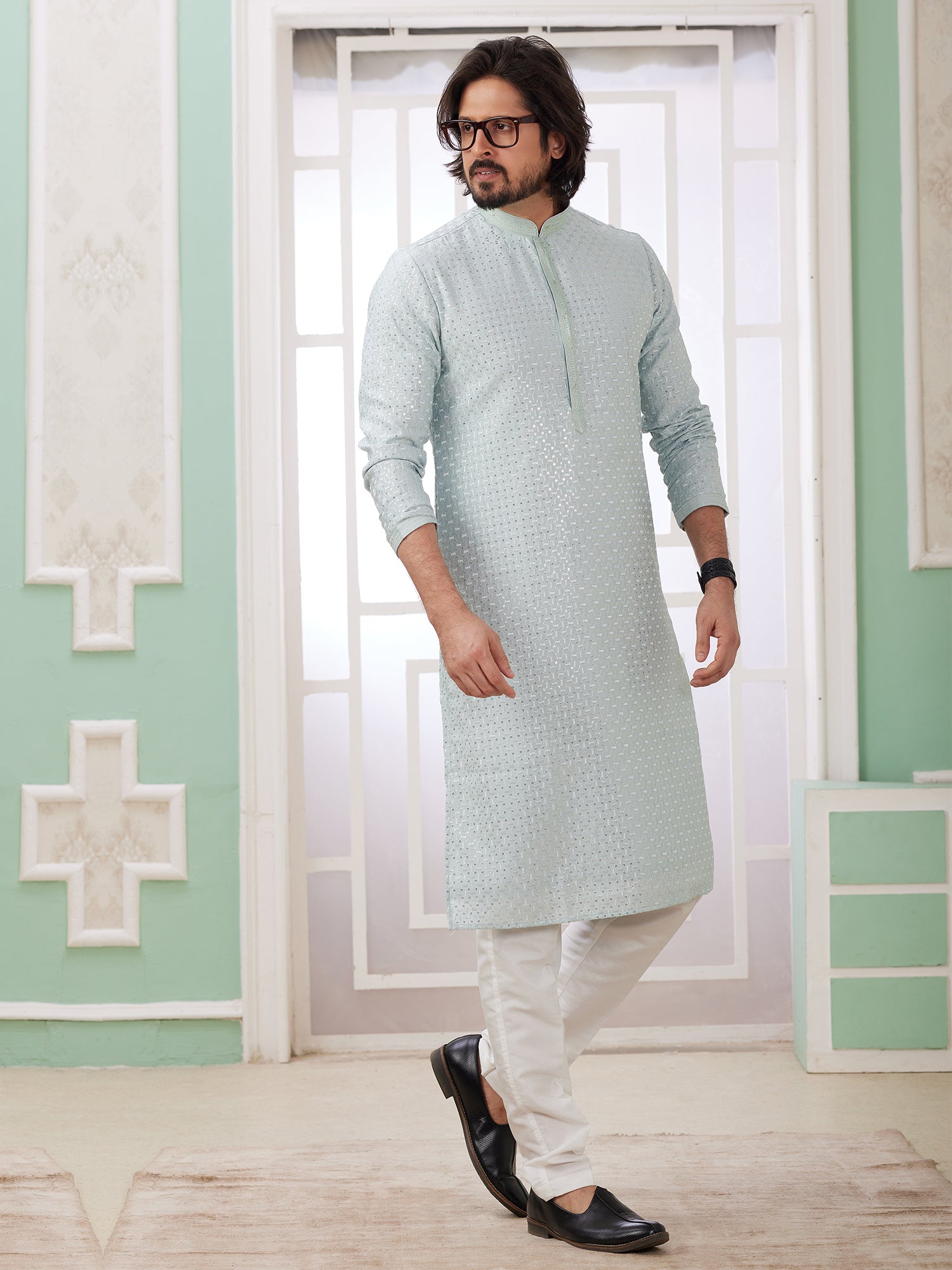 Grey Menswear Kurta Pyjama In Art Silk