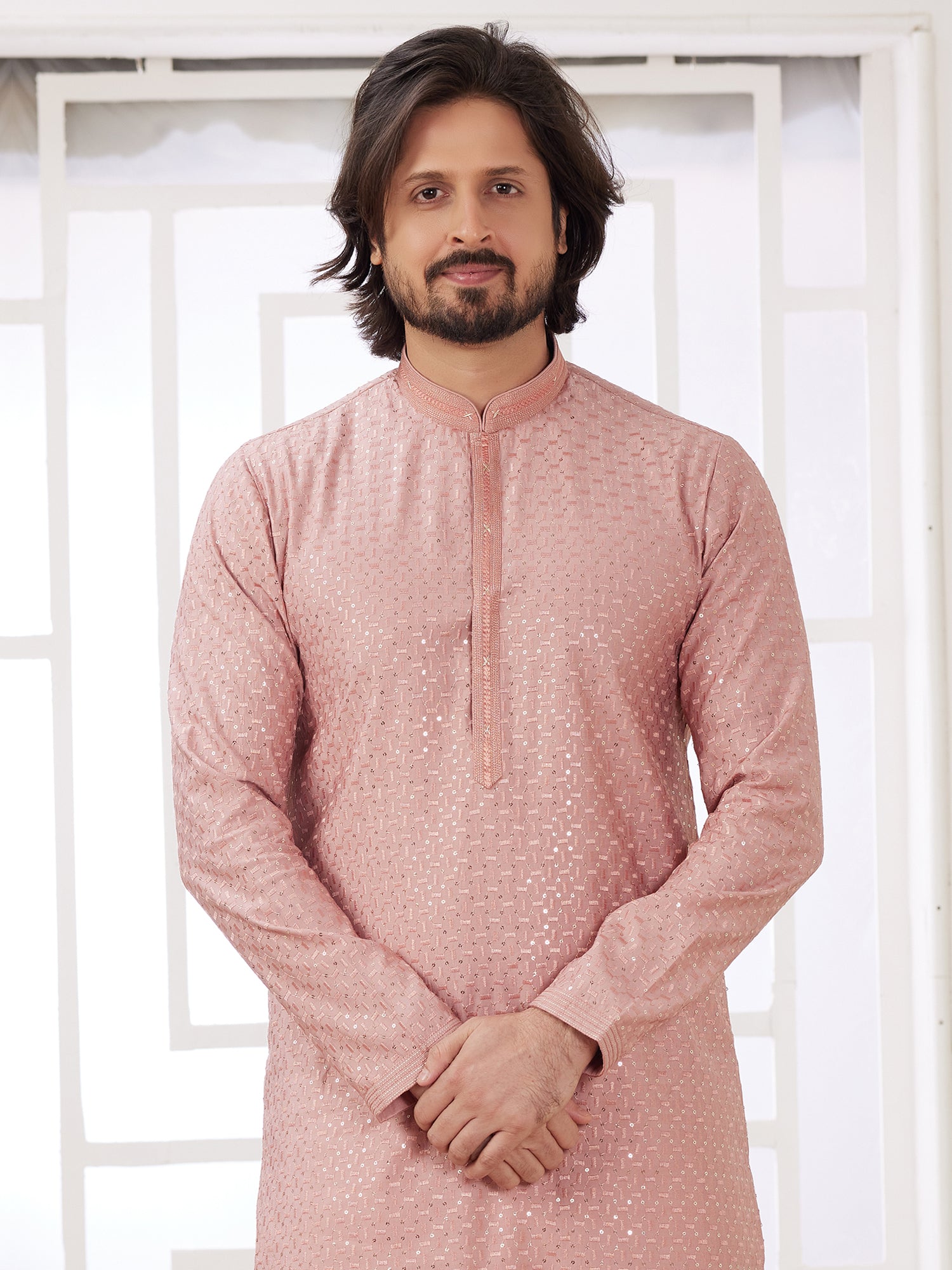 Peach Pink Festive Kurta Pyjama In Silk
