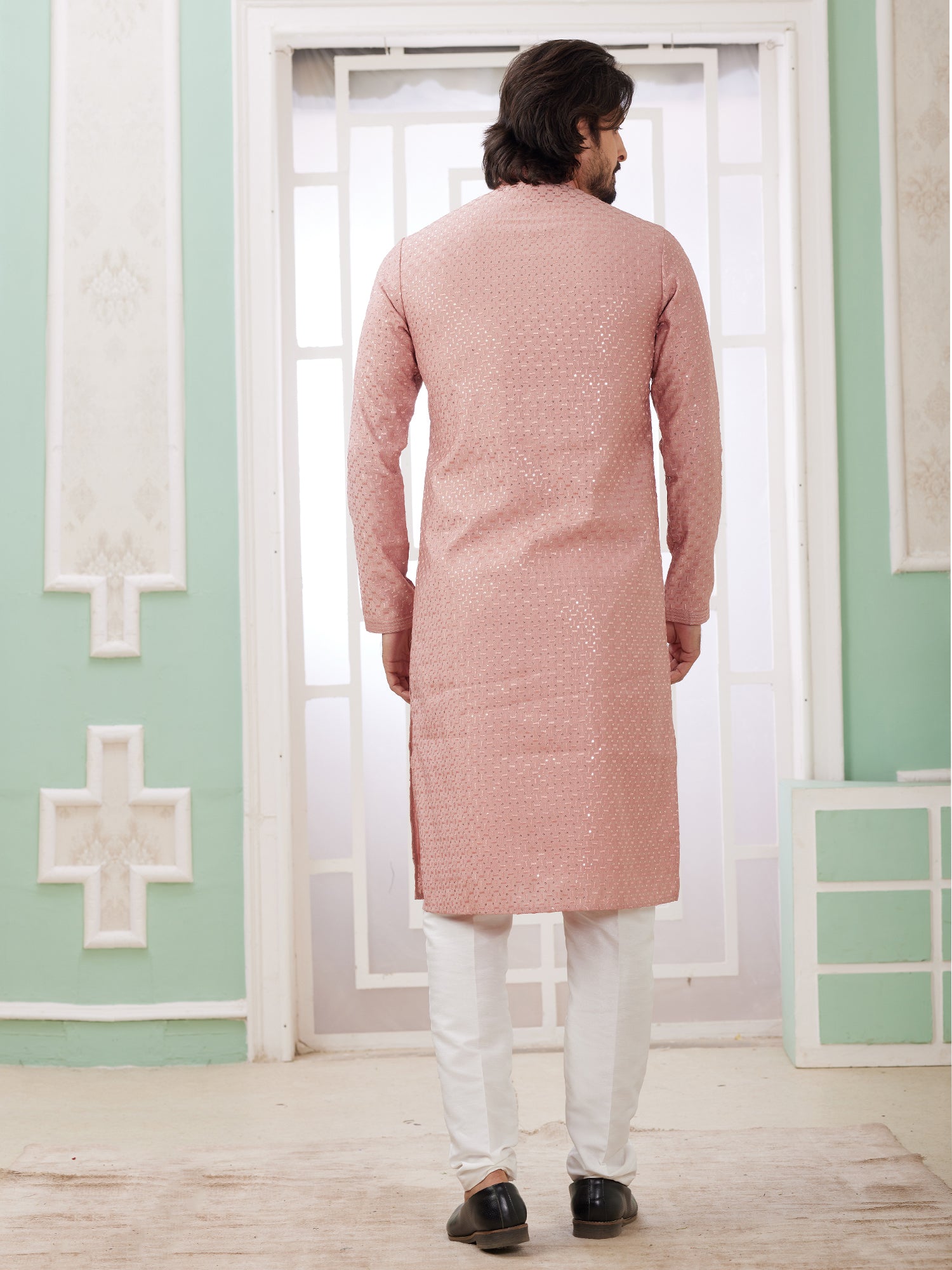 Peach Pink Festive Kurta Pyjama In Silk