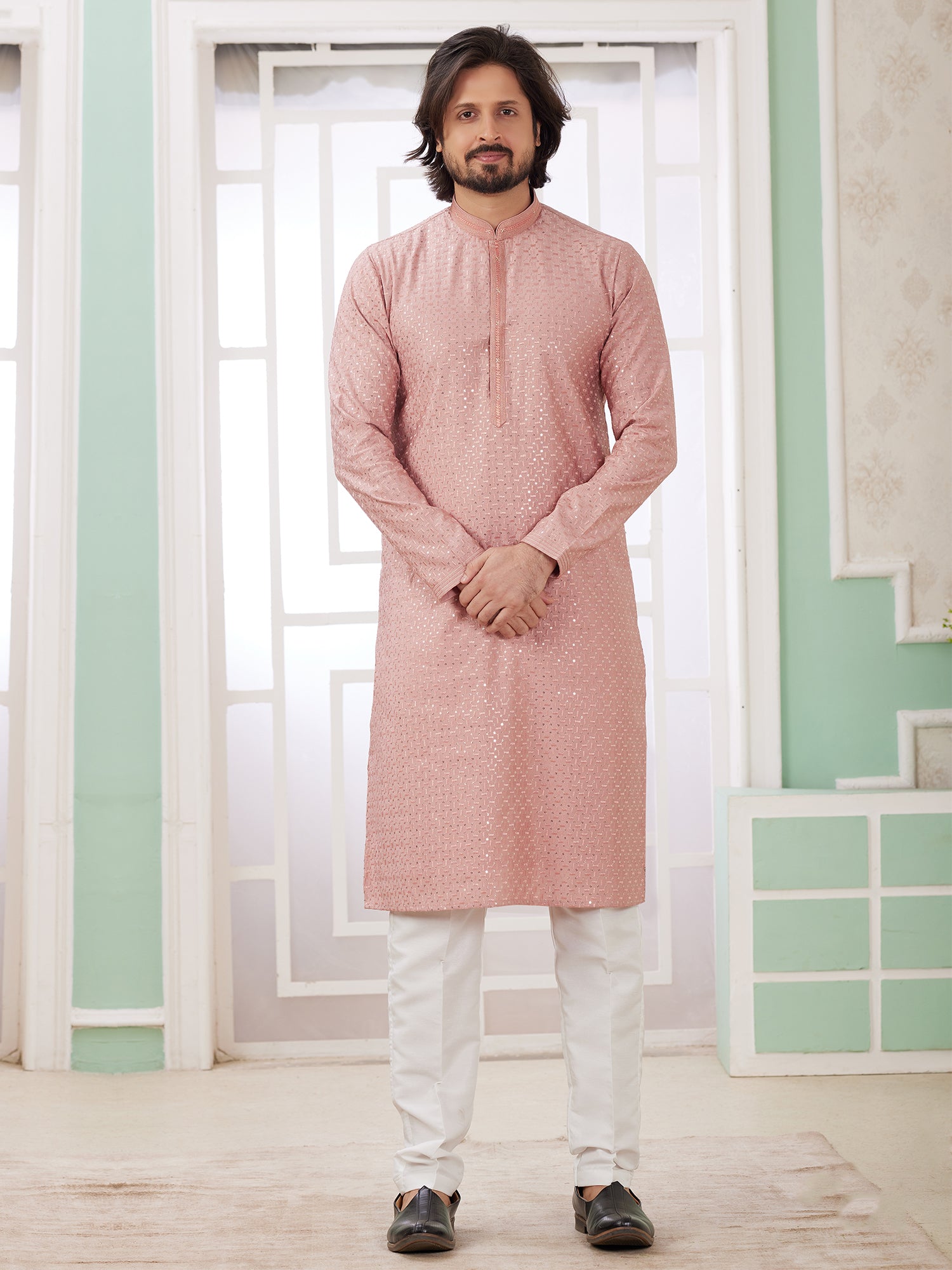 Peach Pink Festive Kurta Pyjama In Silk