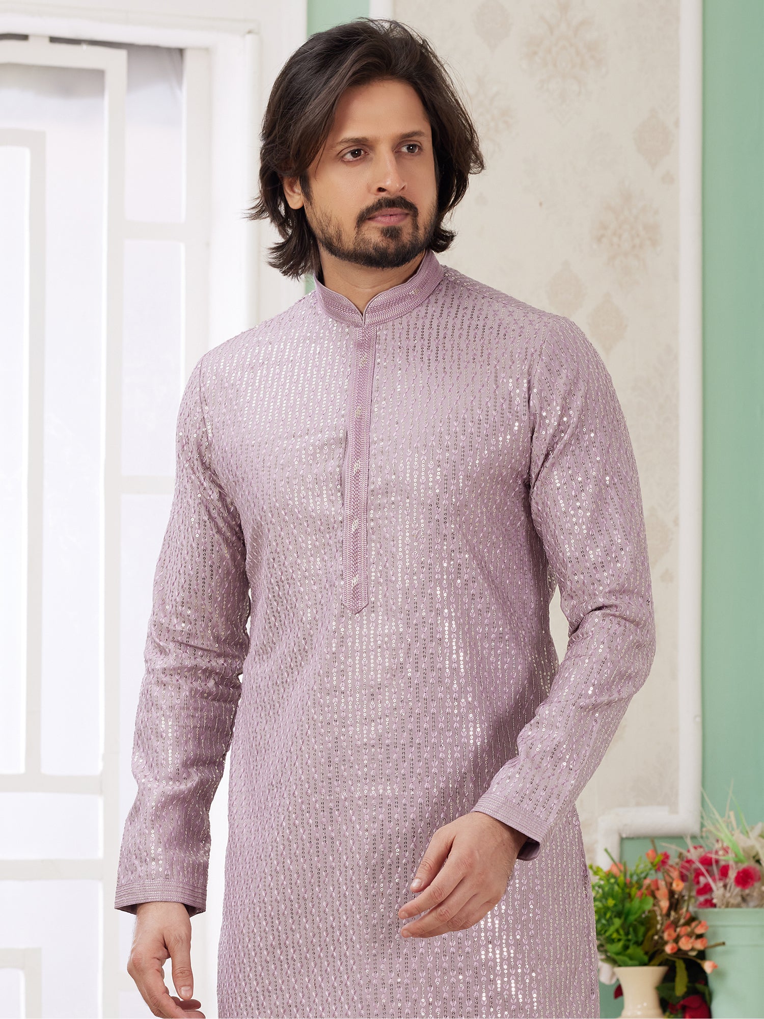 Lilac Sequins Work Enhanced Men's Kurta Set