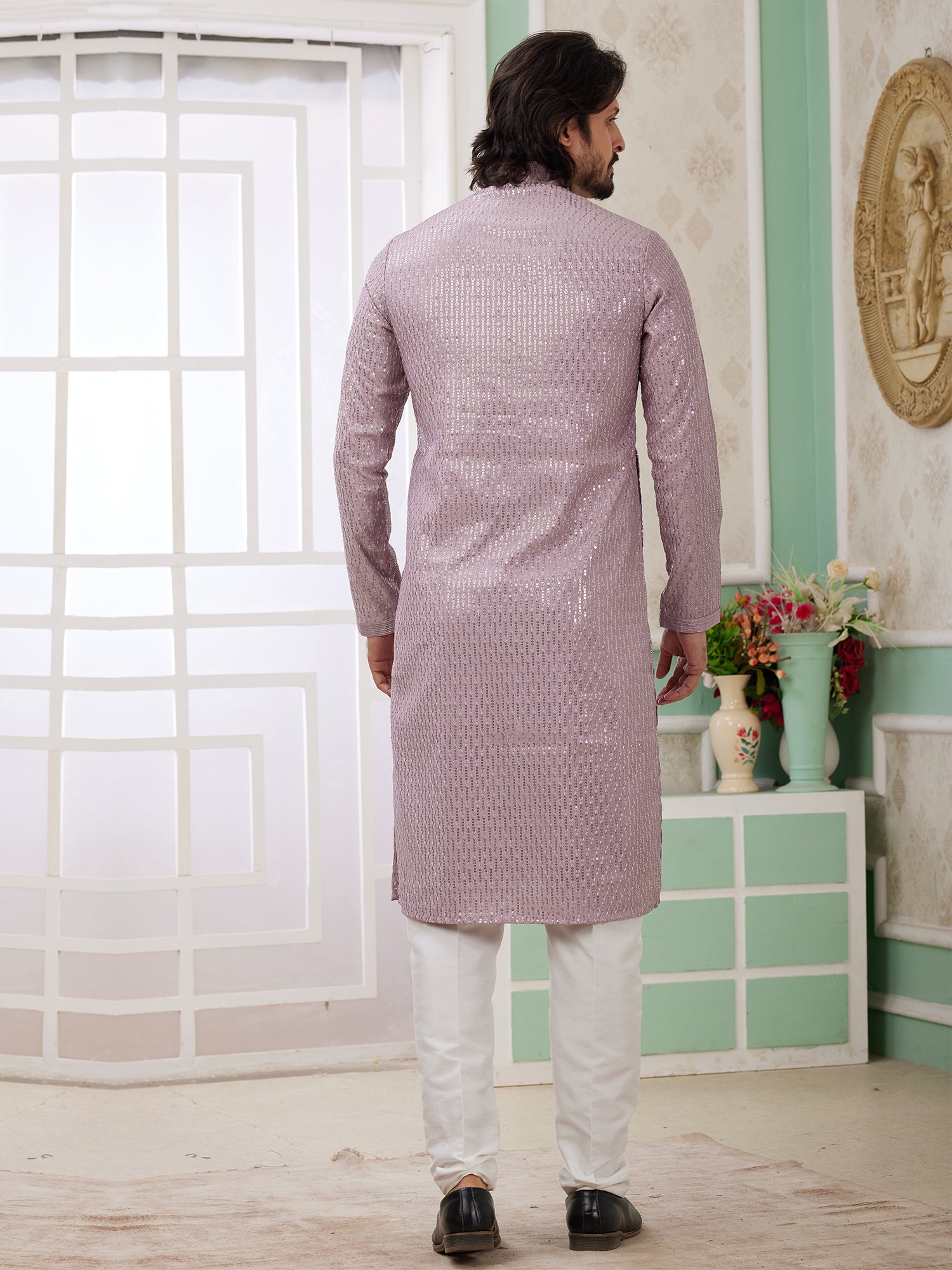 Lilac Sequins Work Enhanced Men's Kurta Set