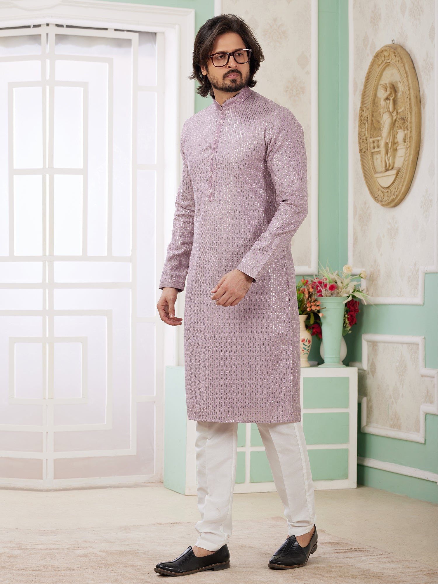 Lilac Sequins Work Enhanced Men's Kurta Set