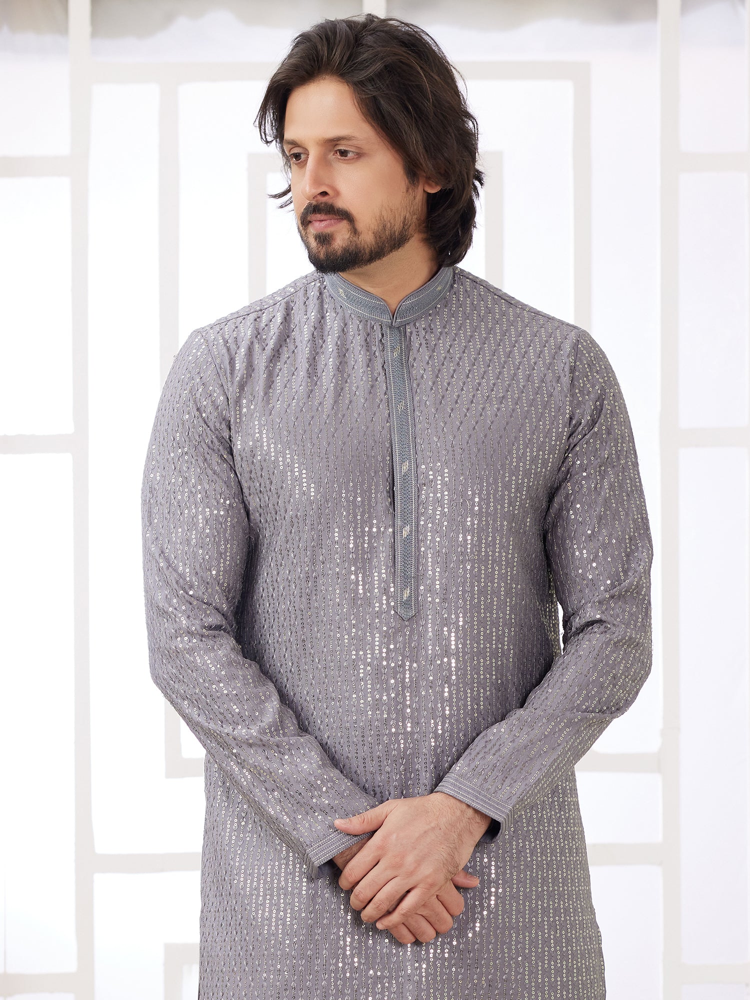 Fossil Grey Thread Work Kurta Pyjama