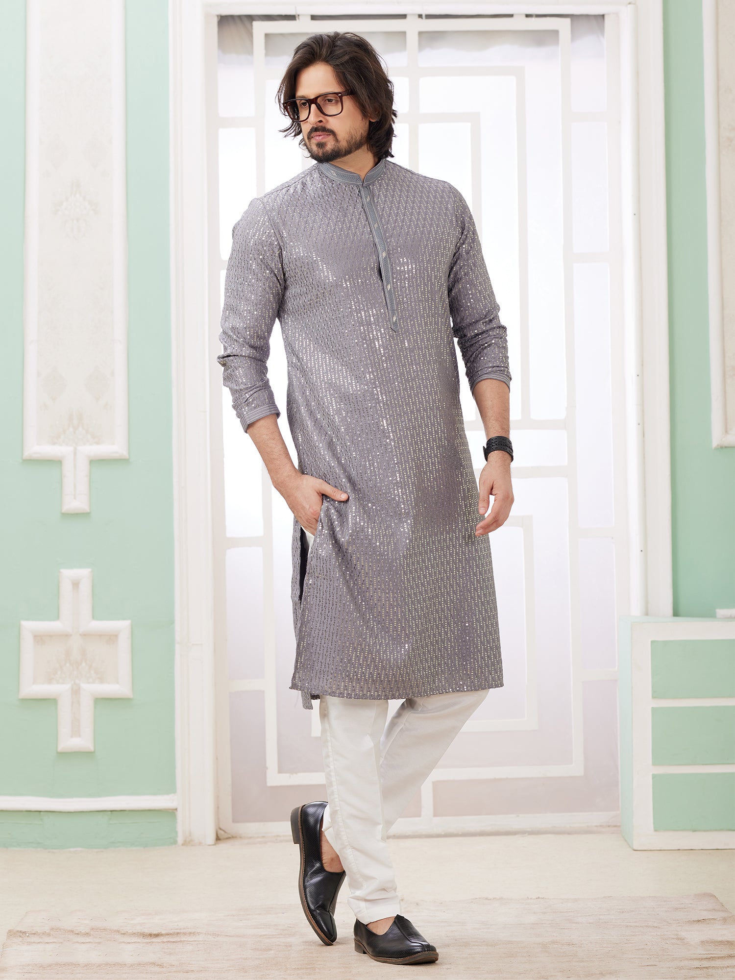 Fossil Grey Thread Work Kurta Pyjama