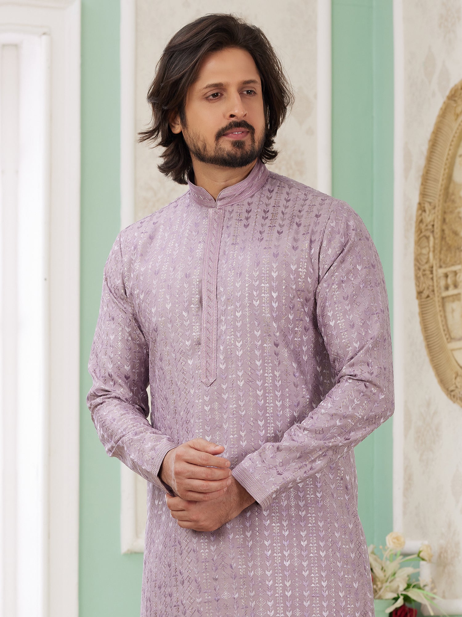 Lilac Sequins Embroidered Art Silk Kurta Set