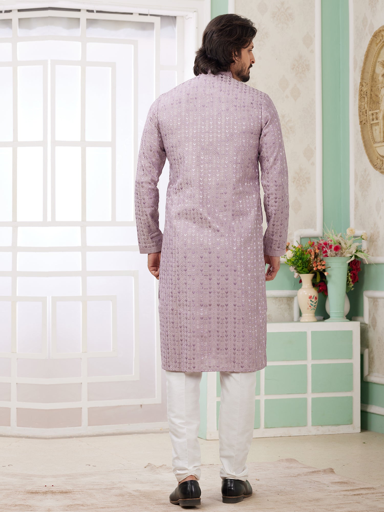Lilac Sequins Embroidered Art Silk Kurta Set