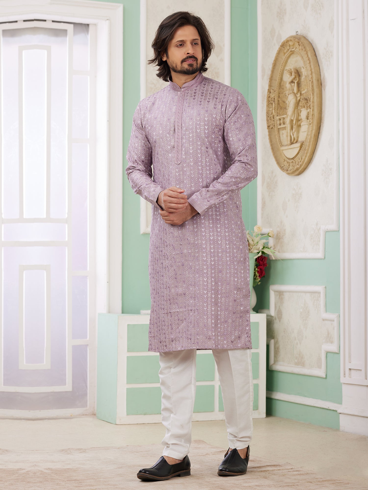 Lilac Sequins Embroidered Art Silk Kurta Set