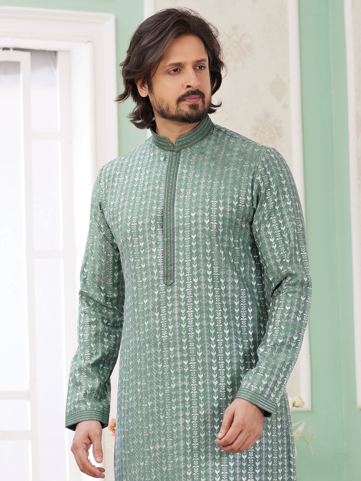 Sage Green Festive Kurta Set In Thread Work