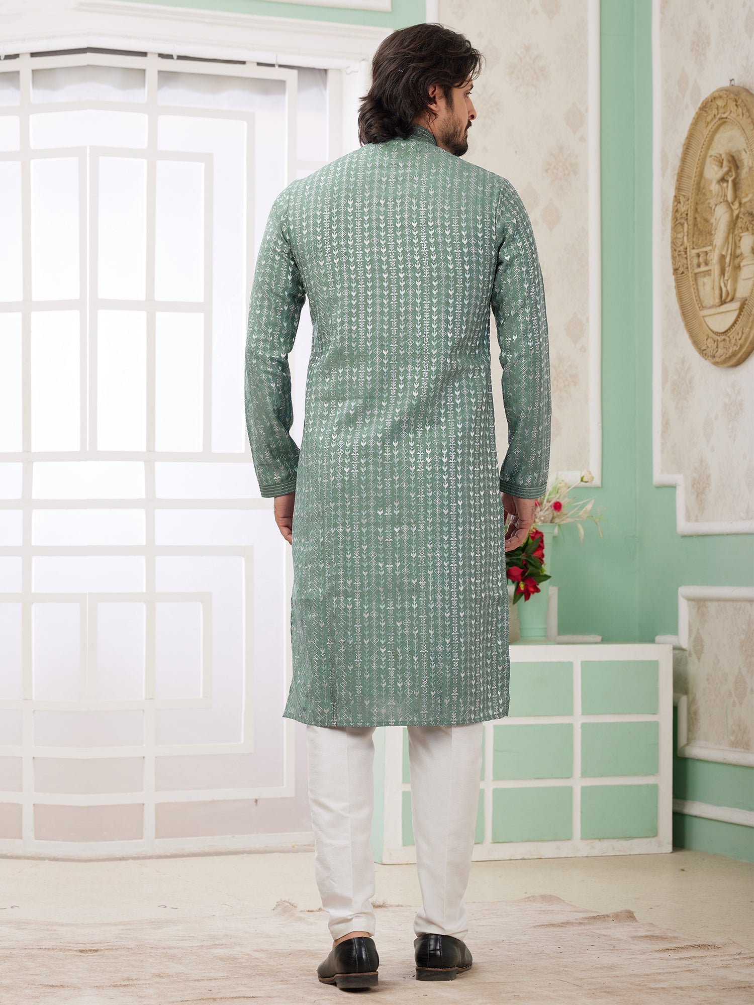 Sage Green Festive Kurta Set In Thread Work