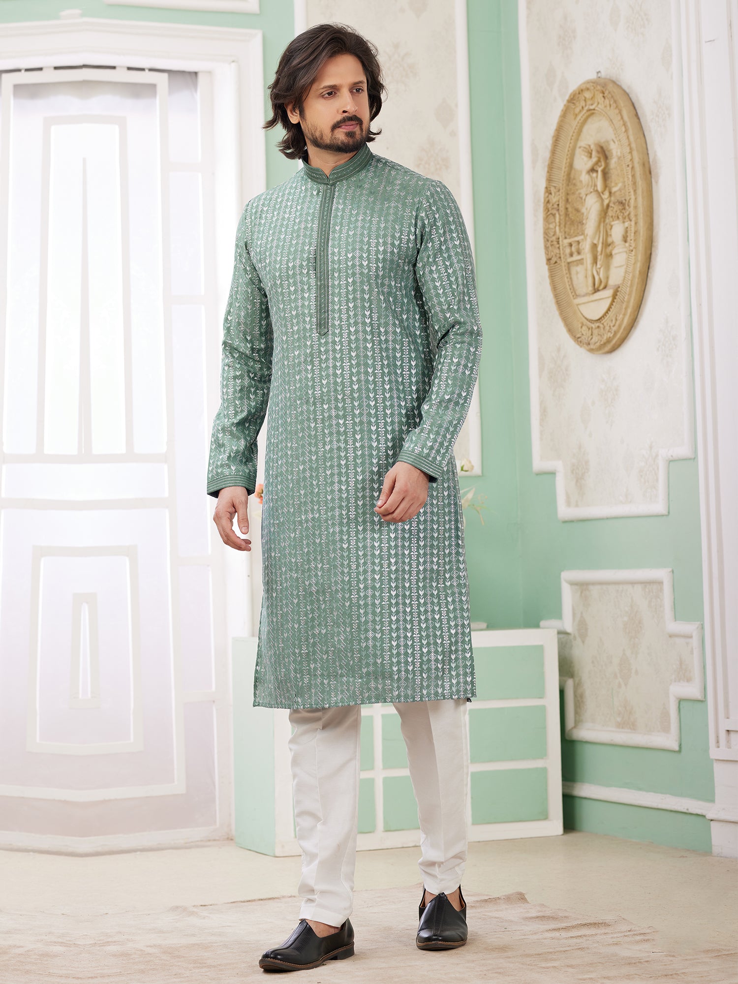 Sage Green Festive Kurta Set In Thread Work