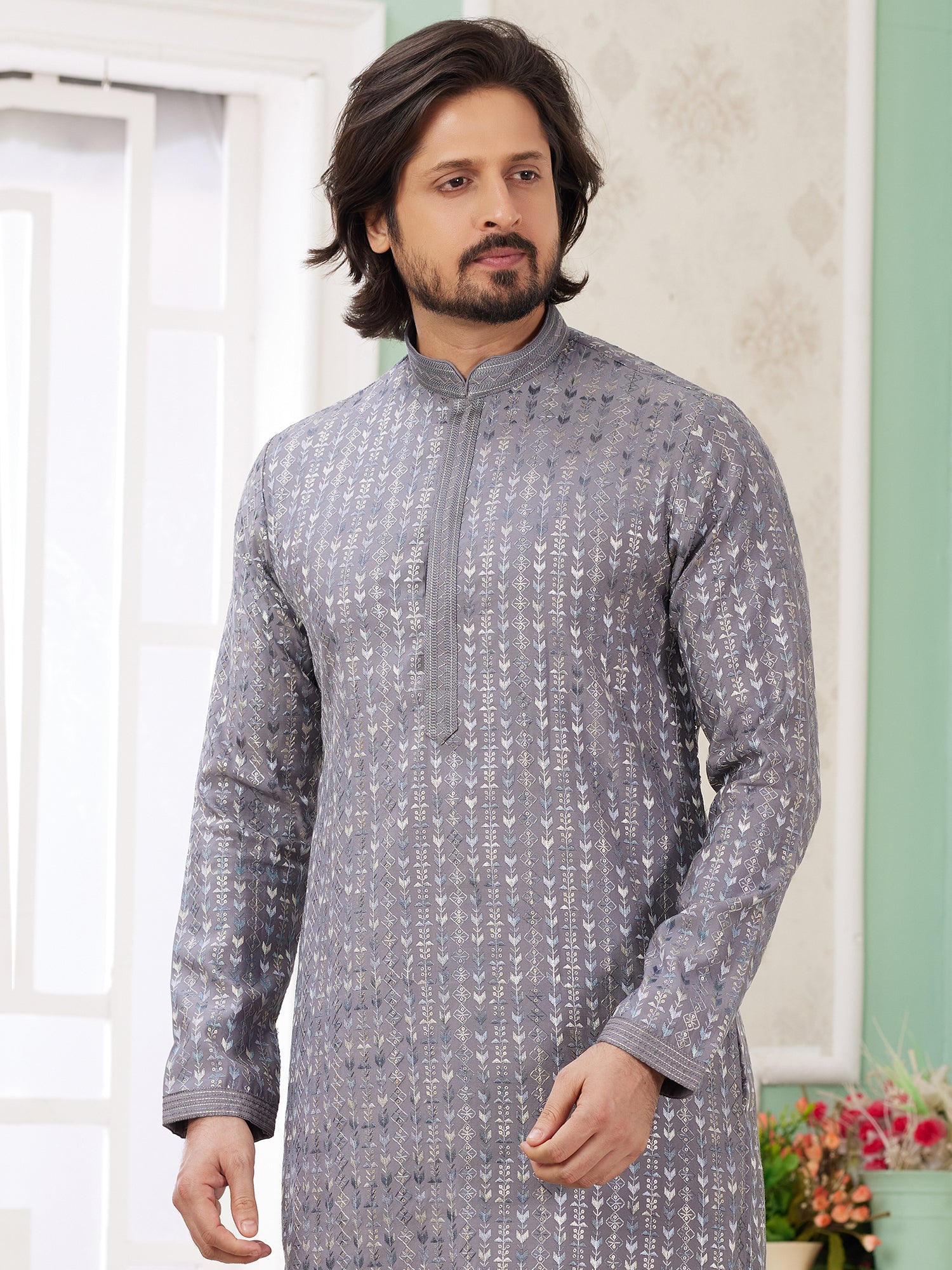 Grey Art Silk Kurta Pyjama For Men