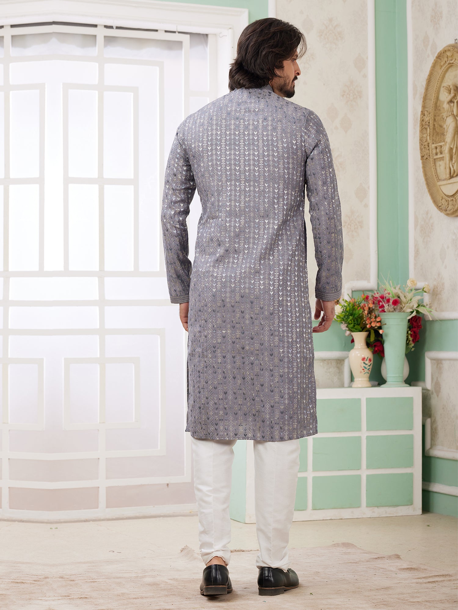 Grey Art Silk Kurta Pyjama For Men