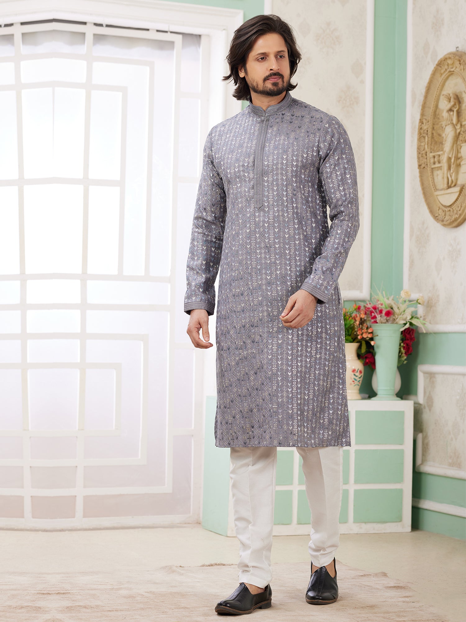 Grey Art Silk Kurta Pyjama For Men