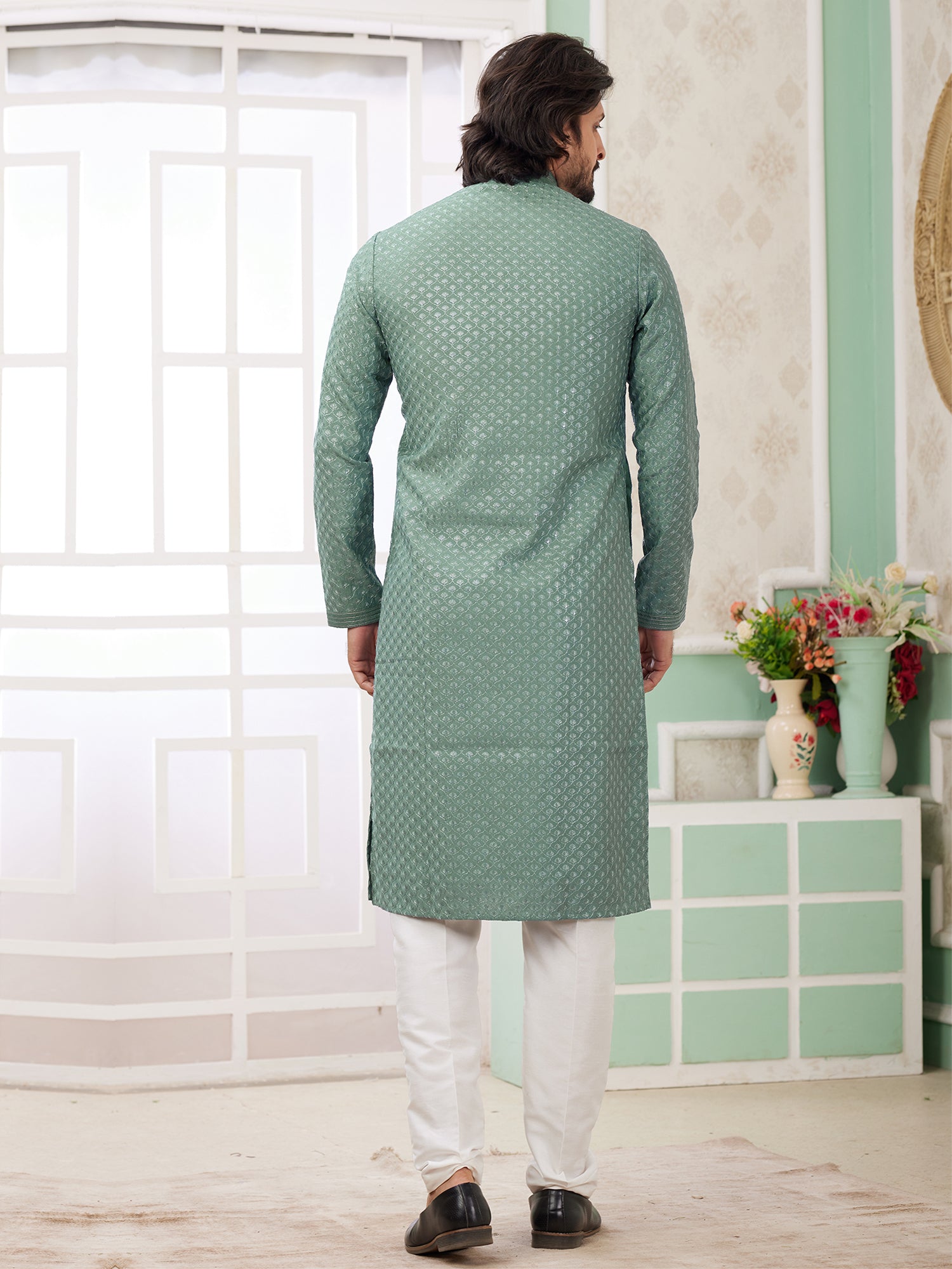 Green Silk Kurta Set In Thread Embroidery