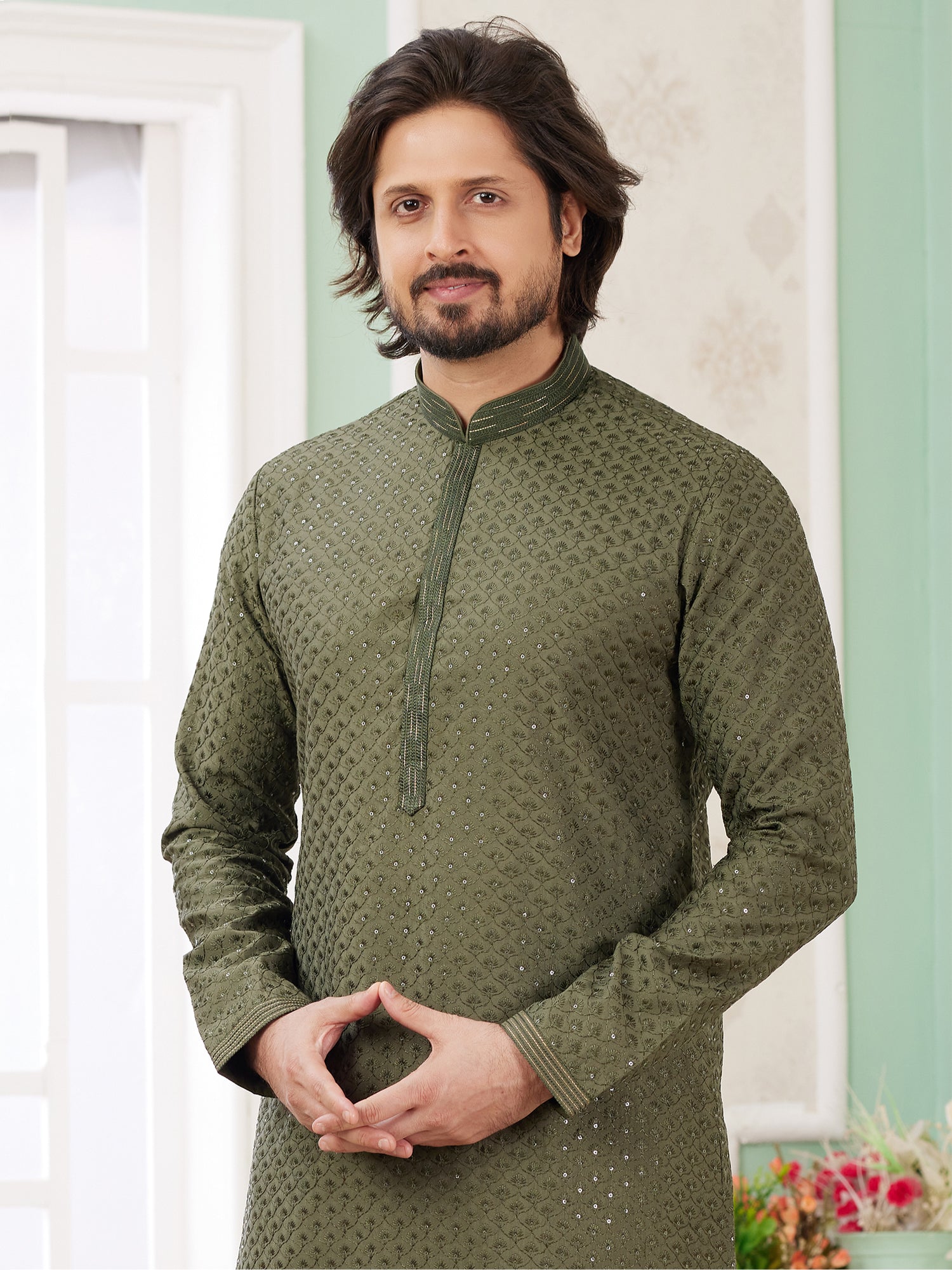 Olive Green Festive Kurta Set For Men In Silk
