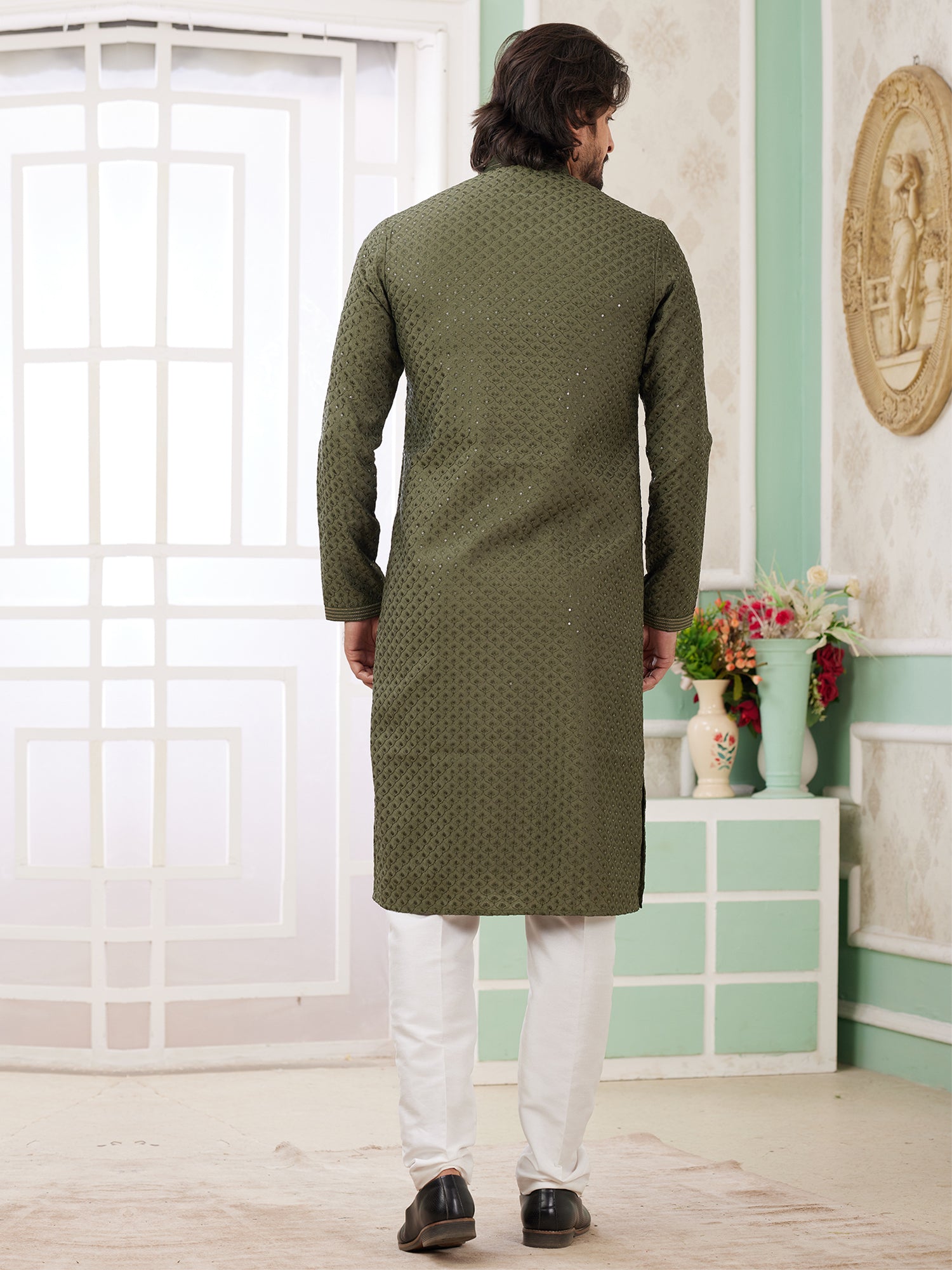 Olive Green Festive Kurta Set For Men In Silk