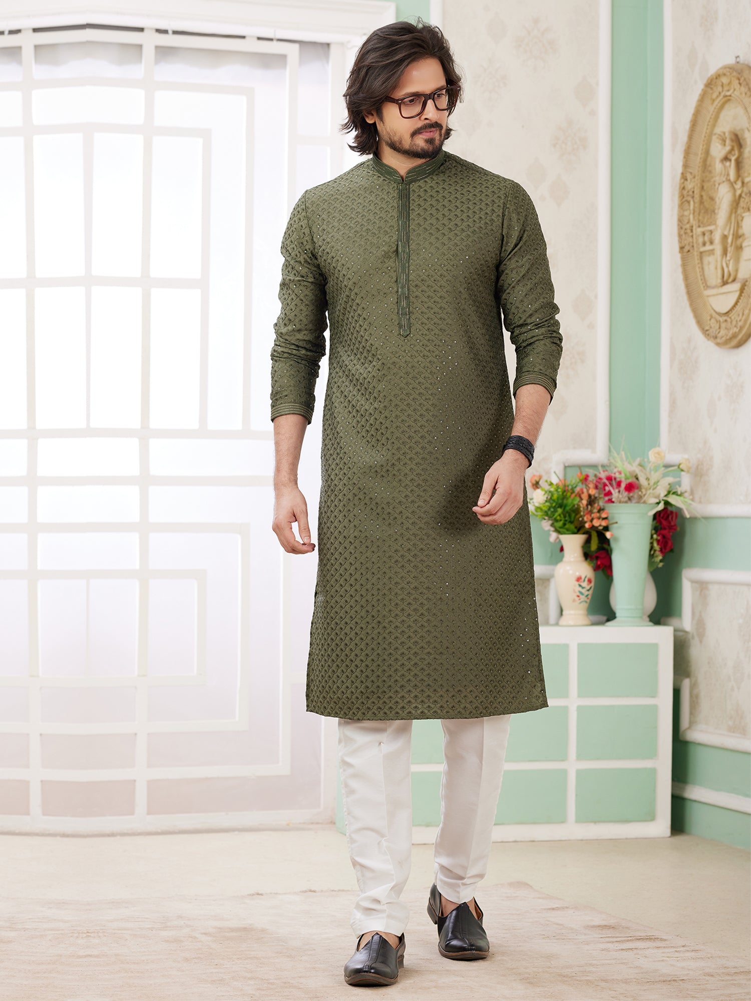 Olive Green Festive Kurta Set For Men In Silk