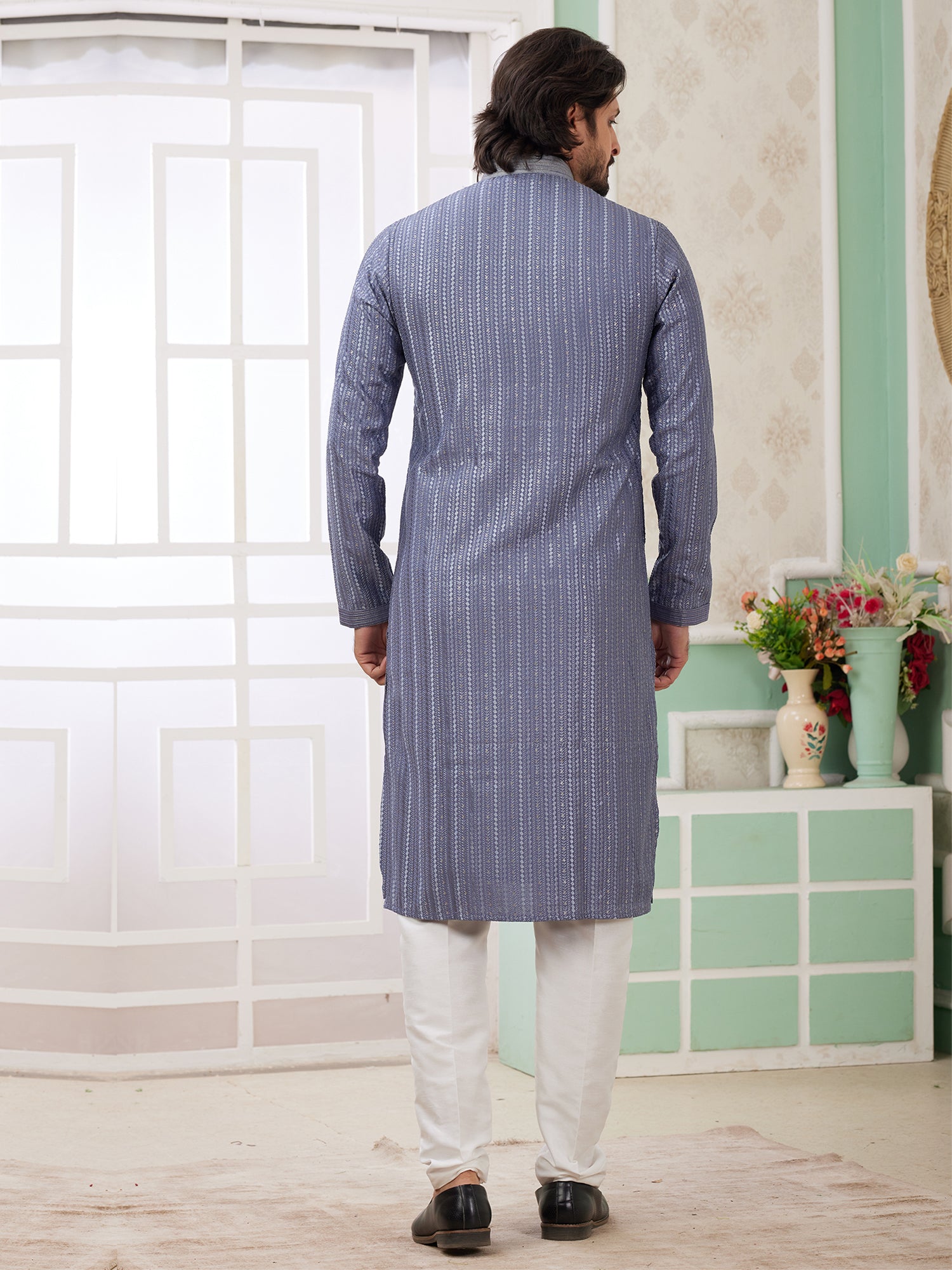 Steel Blue Men's Kurta Set In Thread Embellishment