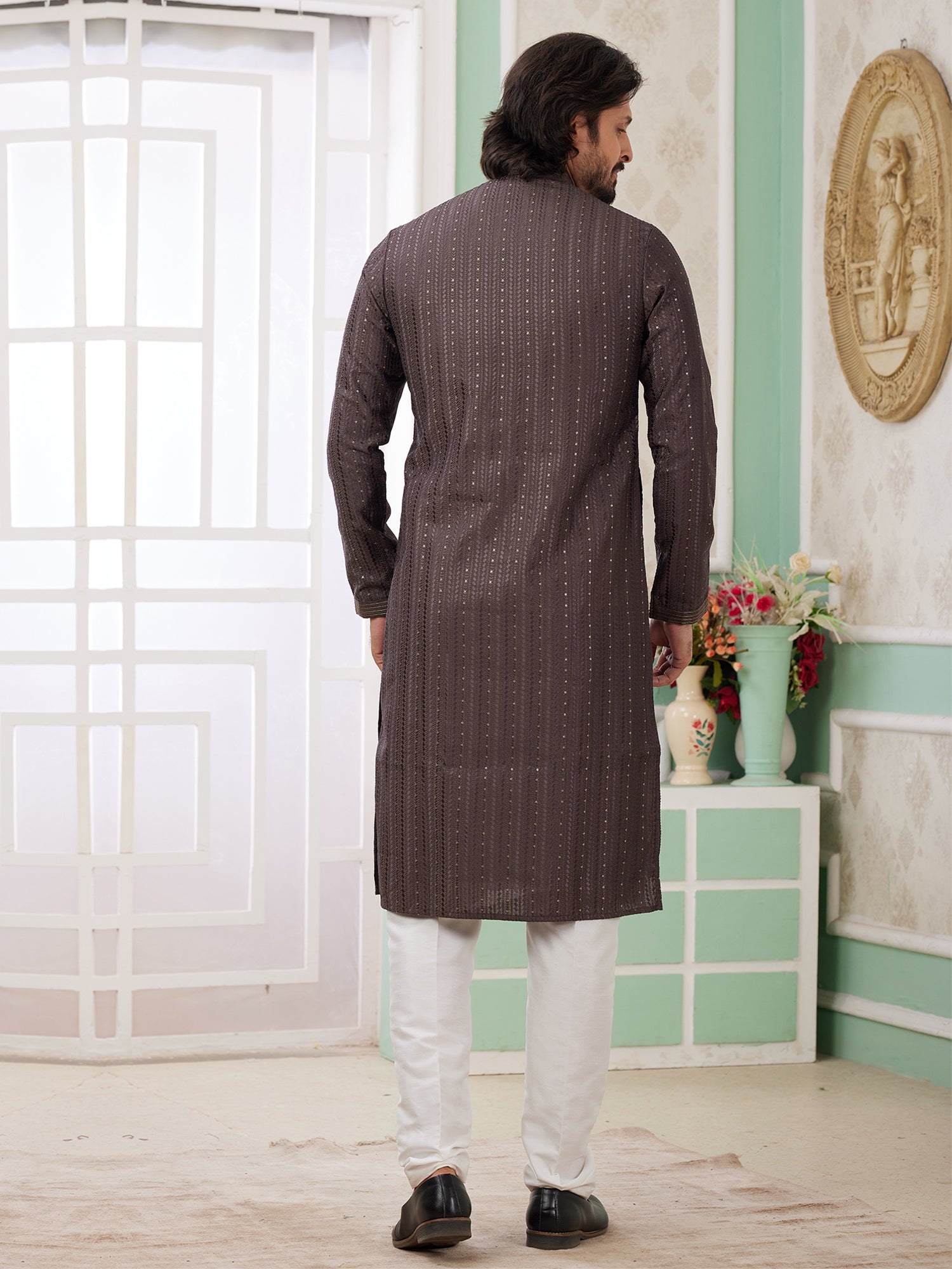 Cedar Brown Sequins Work Kurta Pyjama