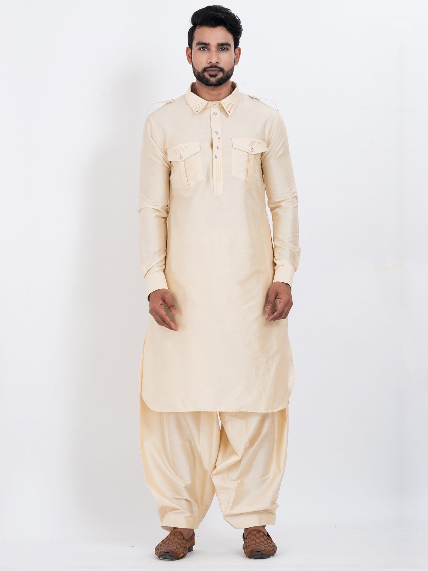 Cream Men's Kurta Set With Pathani Style Salwar