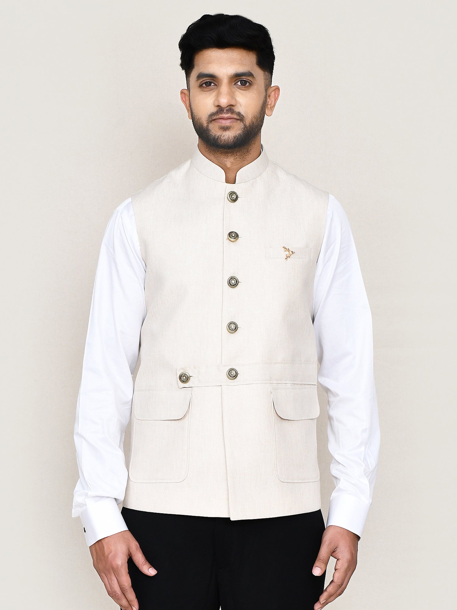 Off White Cotton Nehru Jacket For Mens