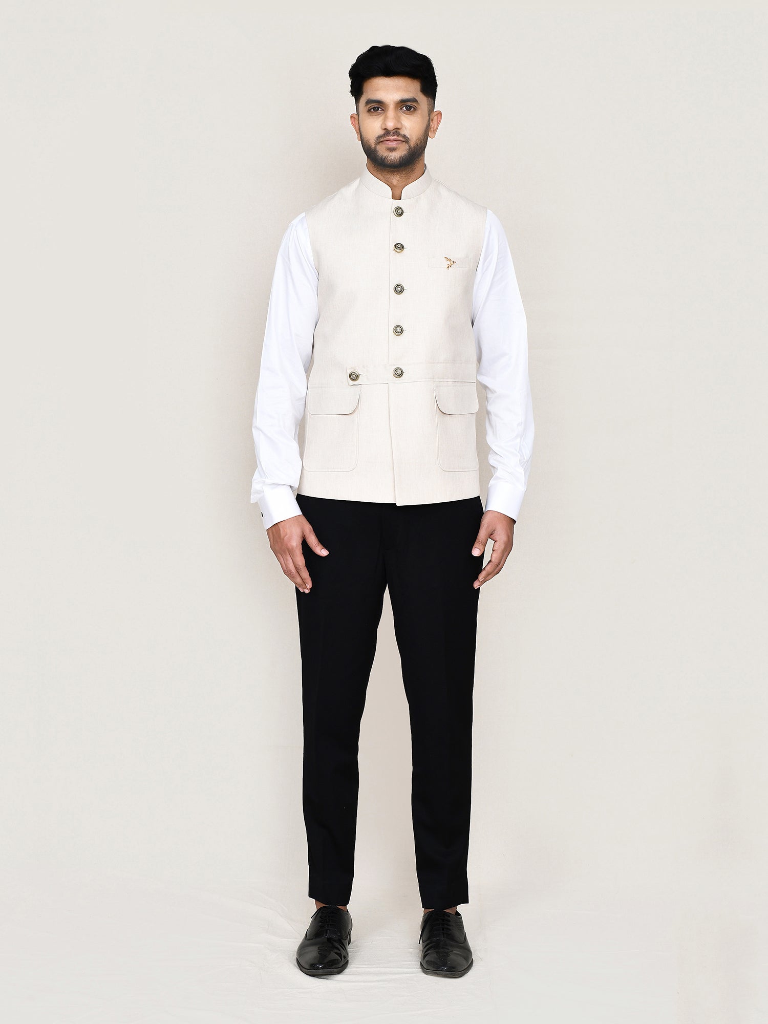 Off White Cotton Nehru Jacket For Mens