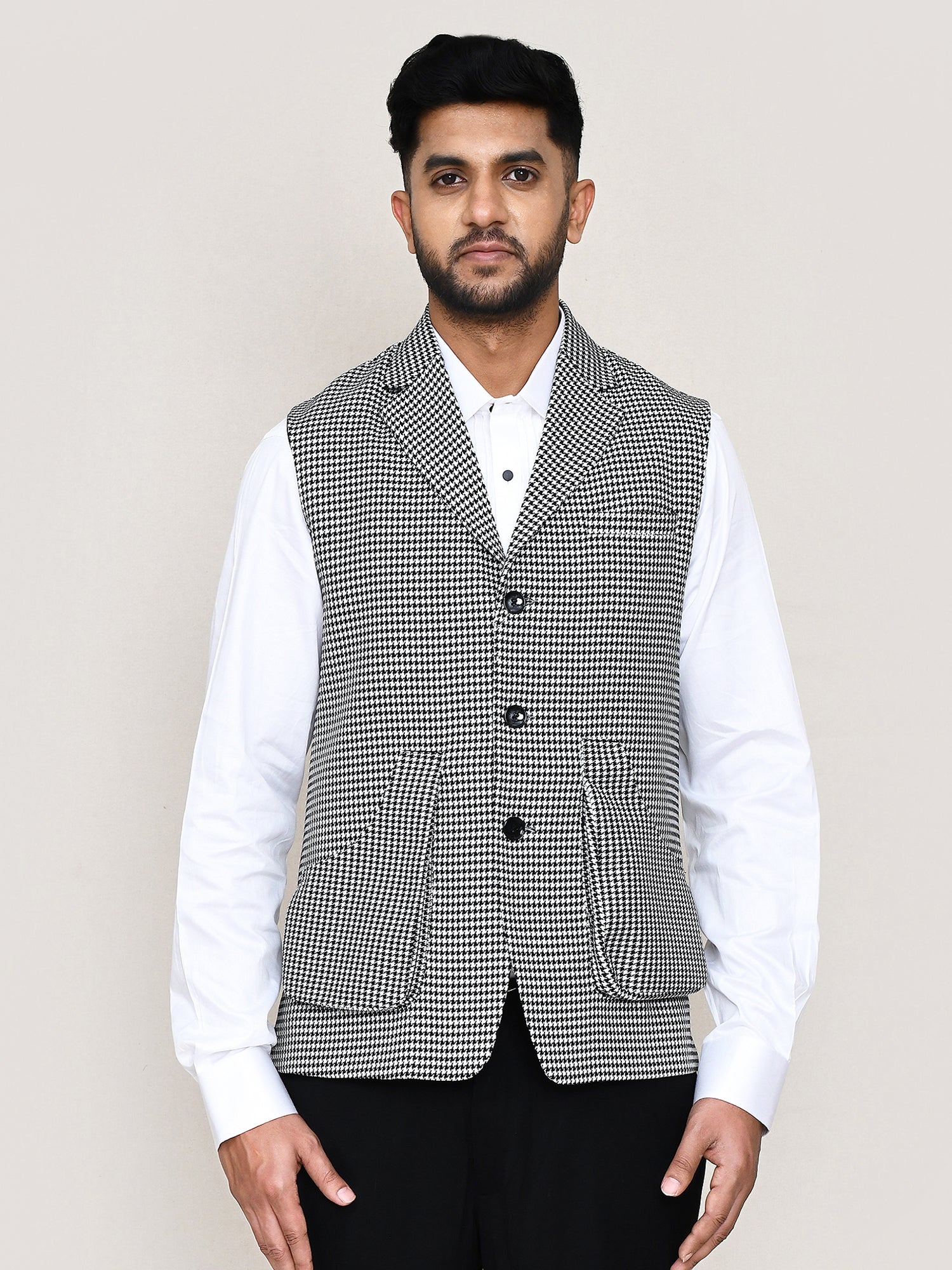 Black Checks Printed Waistcoat In Cotton Satin