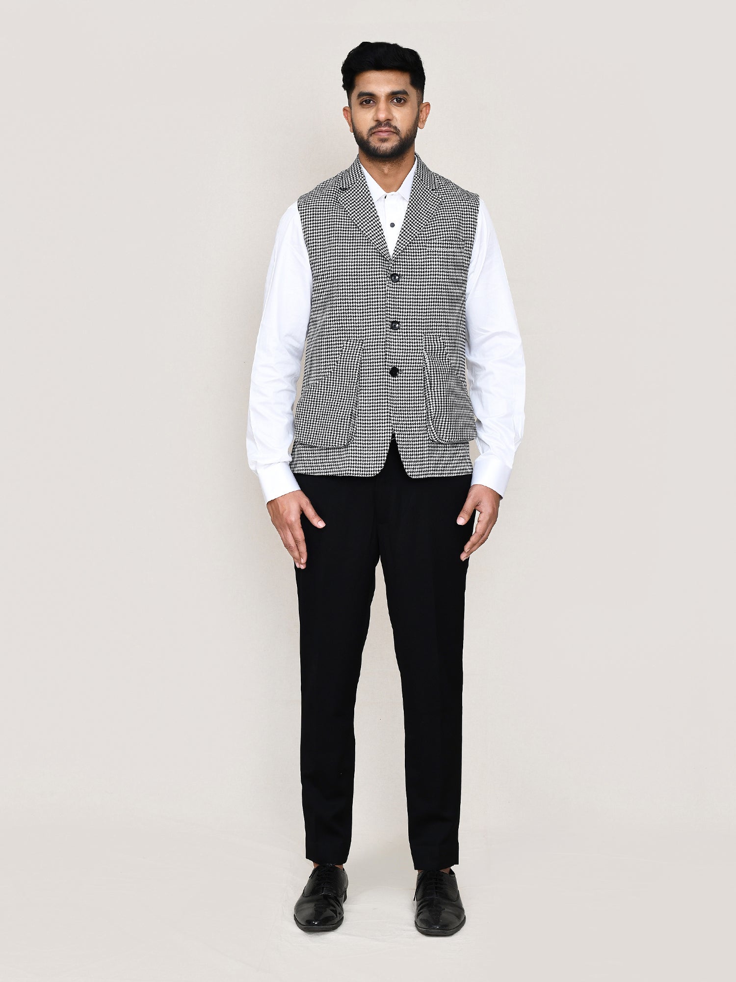 Black Checks Printed Waistcoat In Cotton Satin