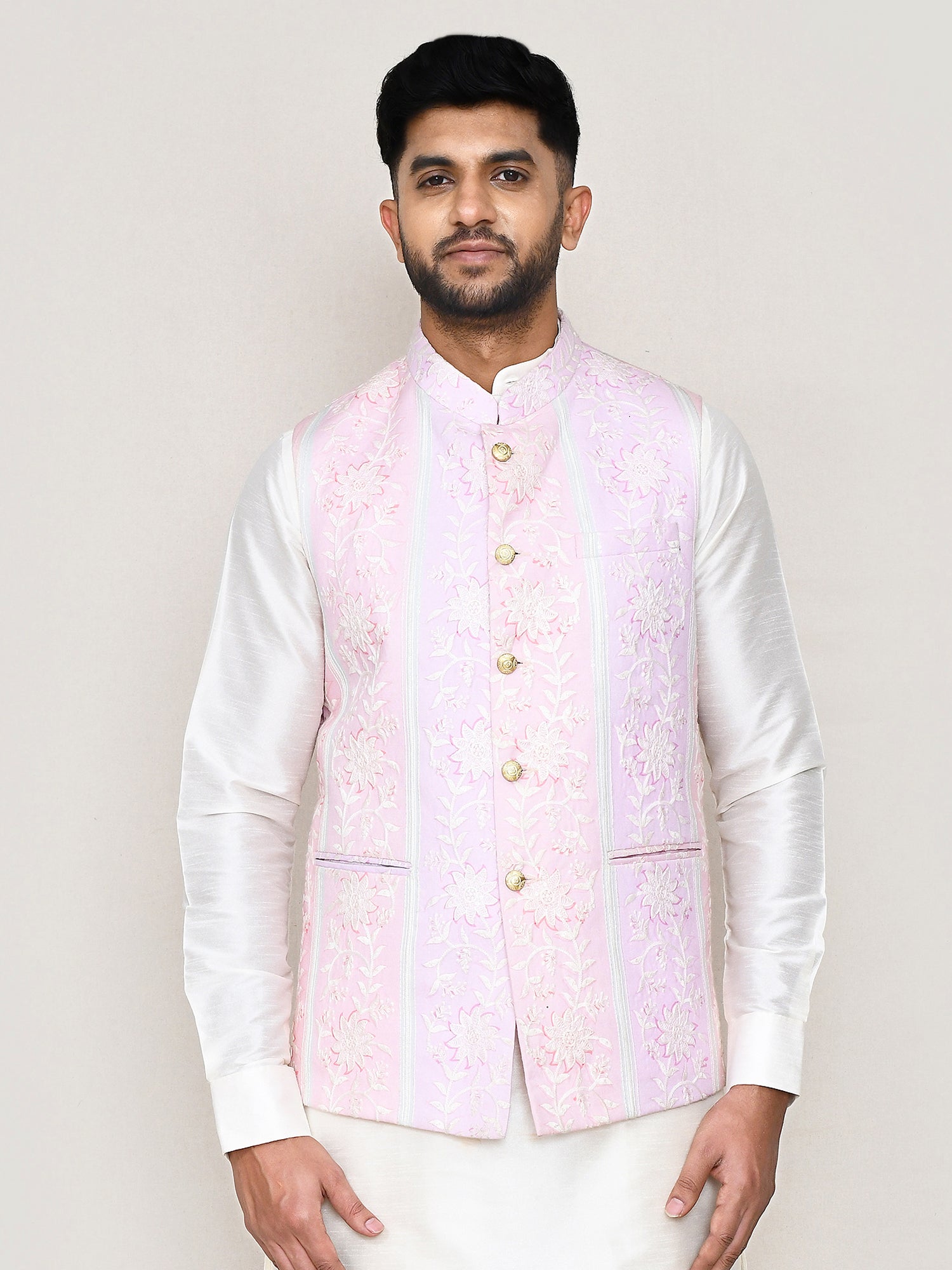 Pink Floral Printed Bandhgala Waistcoat For Men