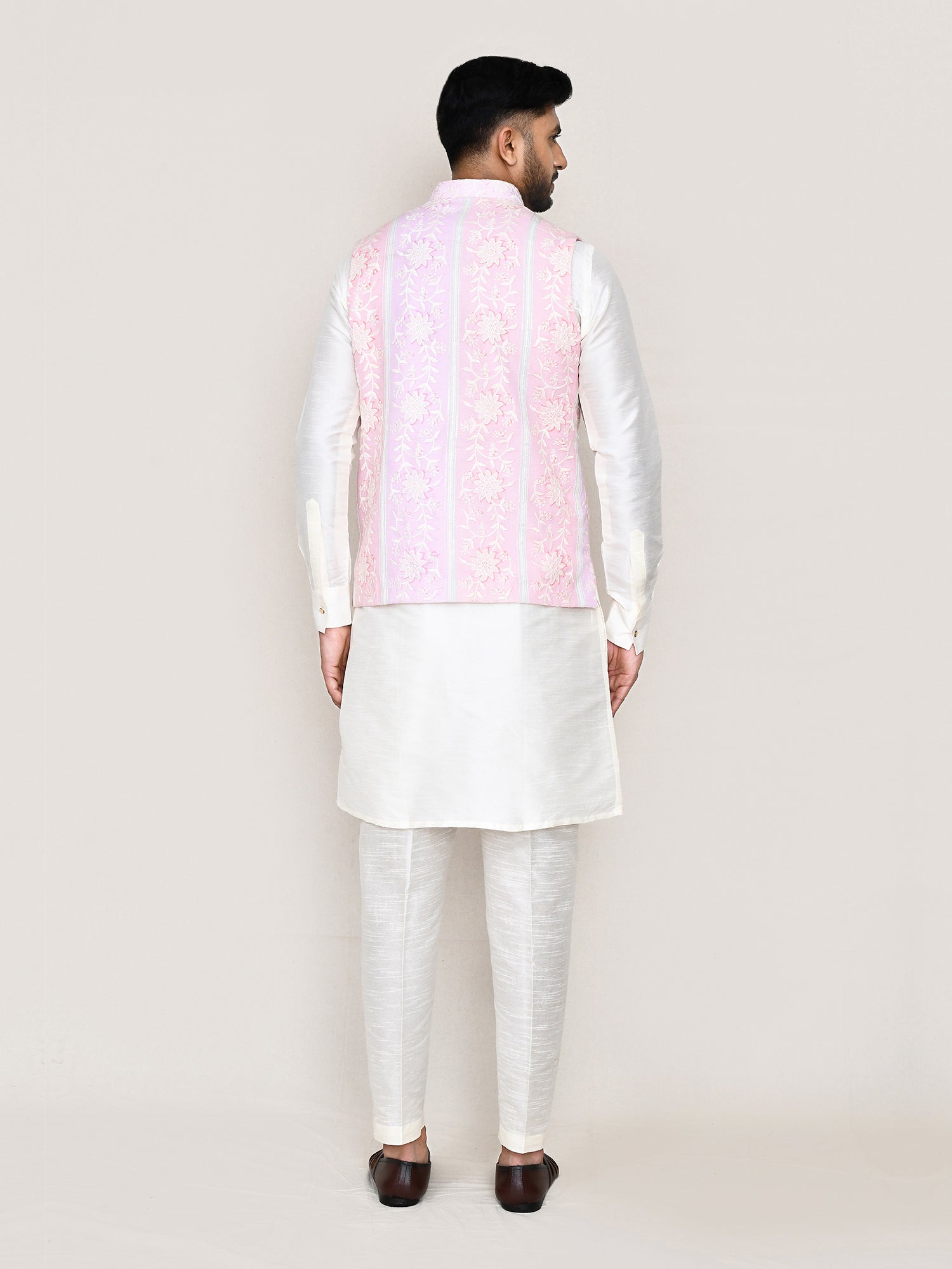 Pink Floral Printed Bandhgala Waistcoat For Men