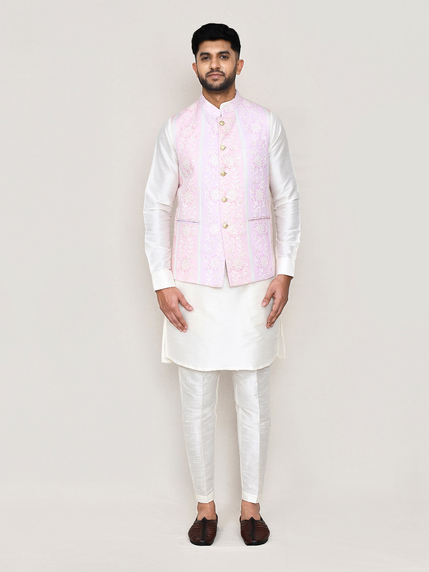 Pink Floral Printed Bandhgala Waistcoat For Men