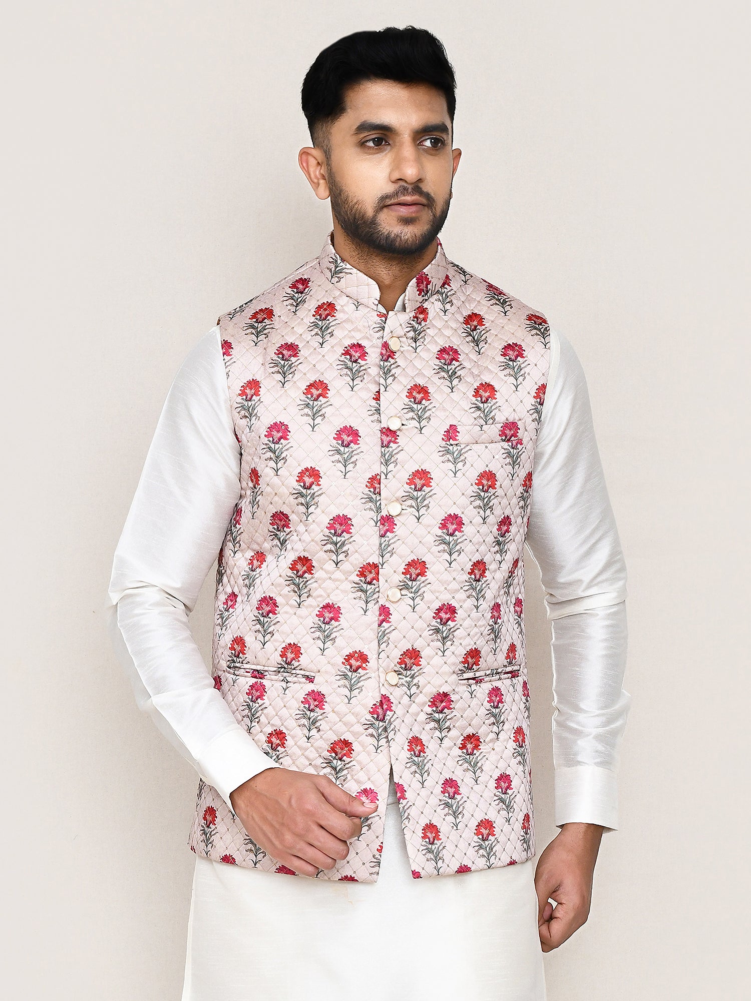 Cream Art Silk Nehru Jacket In Floral Print