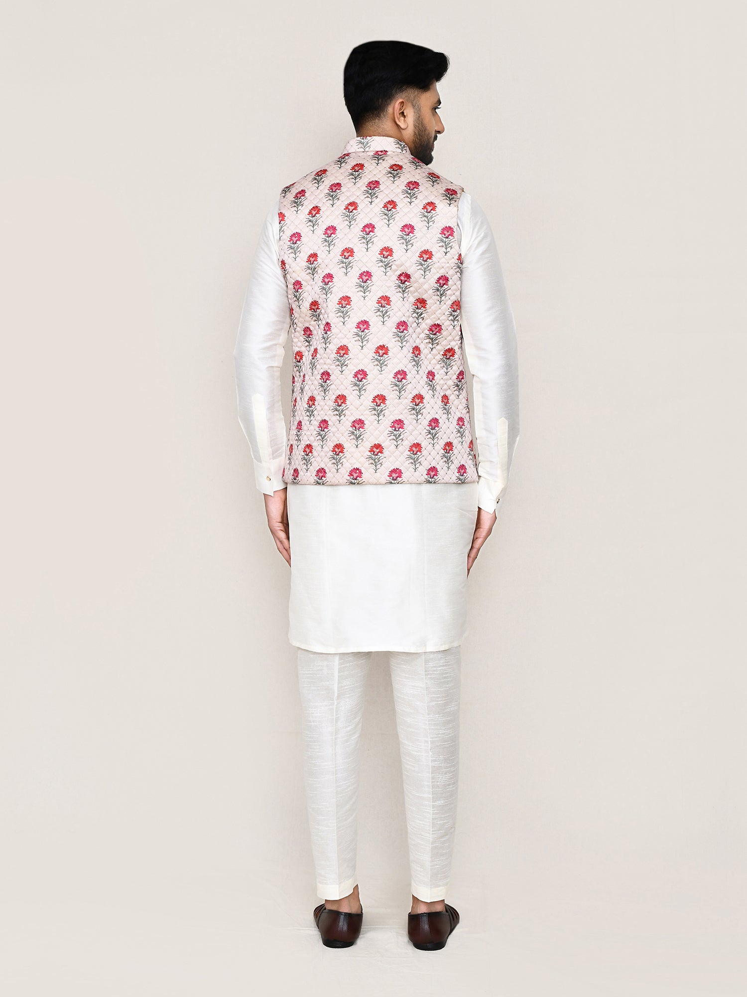 Cream Art Silk Nehru Jacket In Floral Print