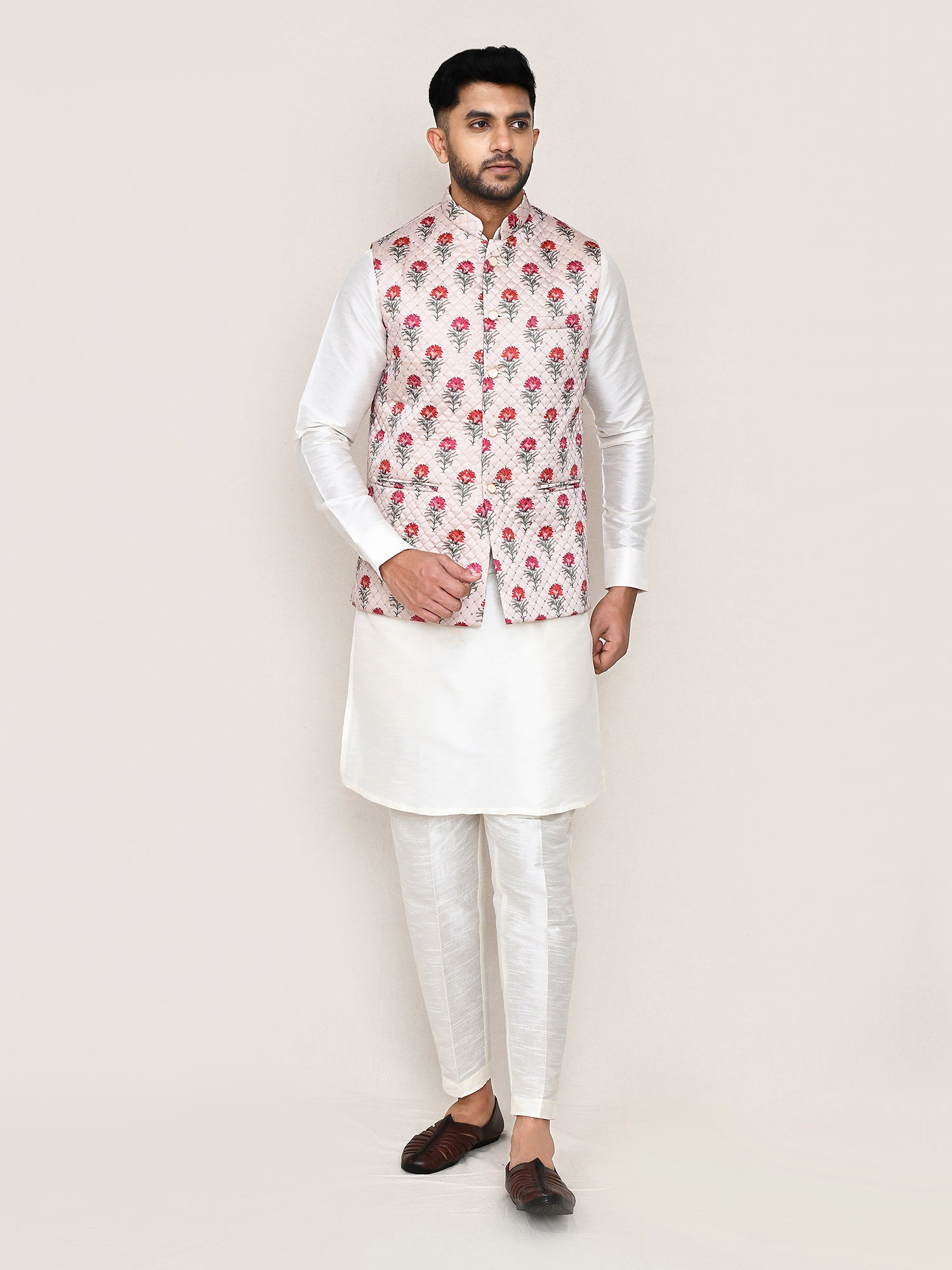 Cream Art Silk Nehru Jacket In Floral Print