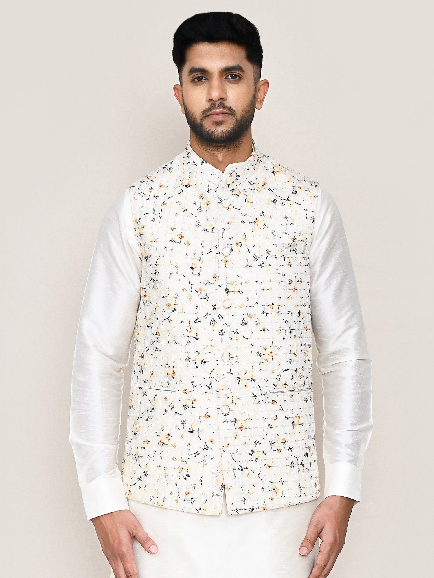Off White Sequins Work Men's Nehru Jacket