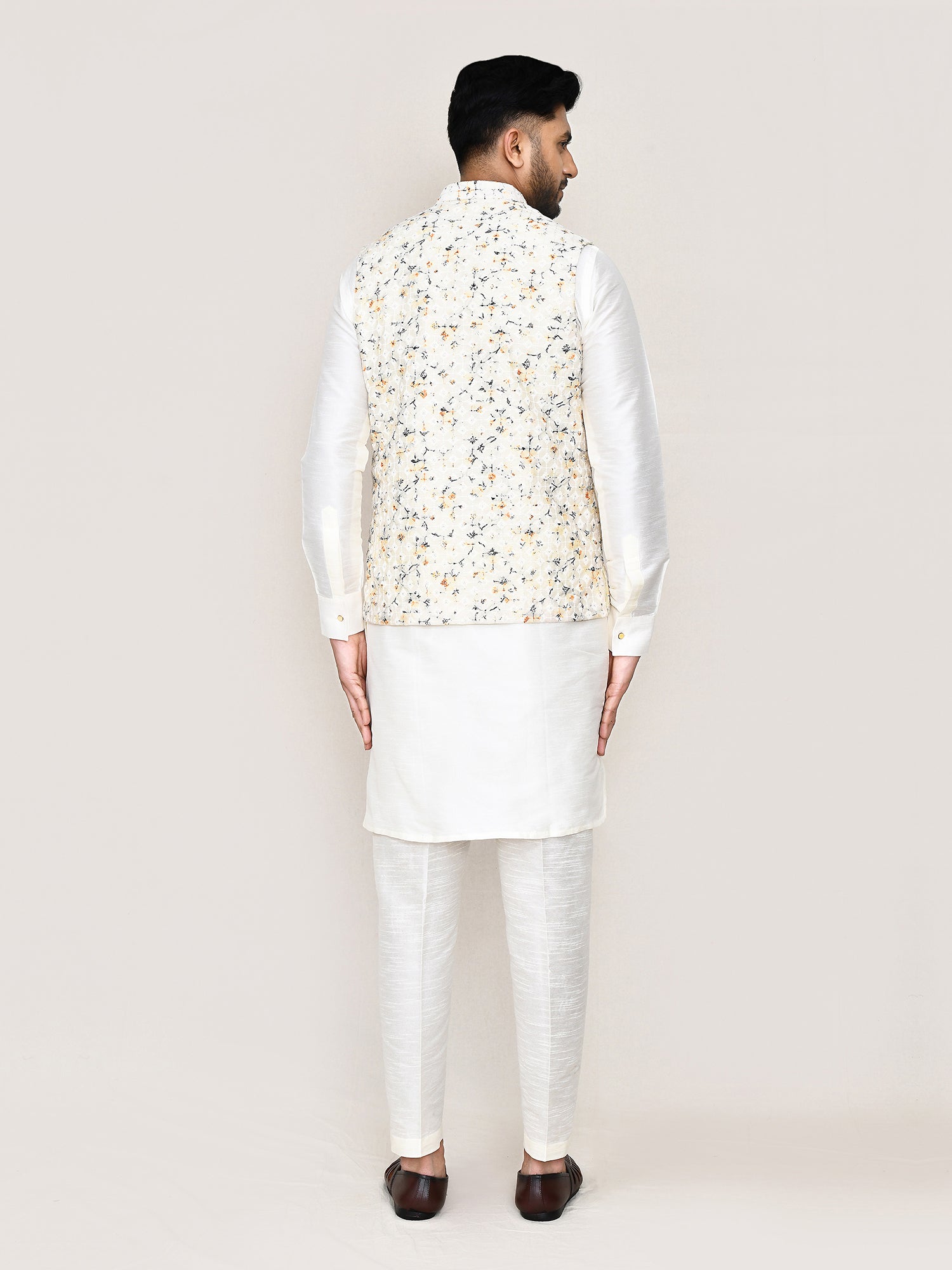 Off White Sequins Work Men's Nehru Jacket