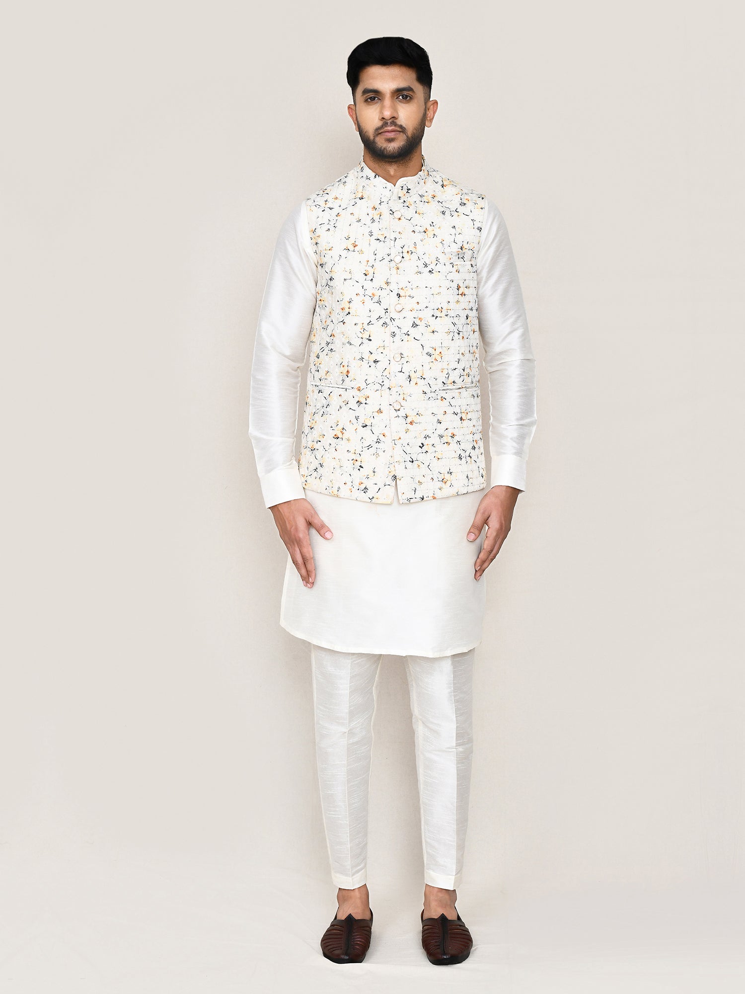 Off White Sequins Work Men's Nehru Jacket