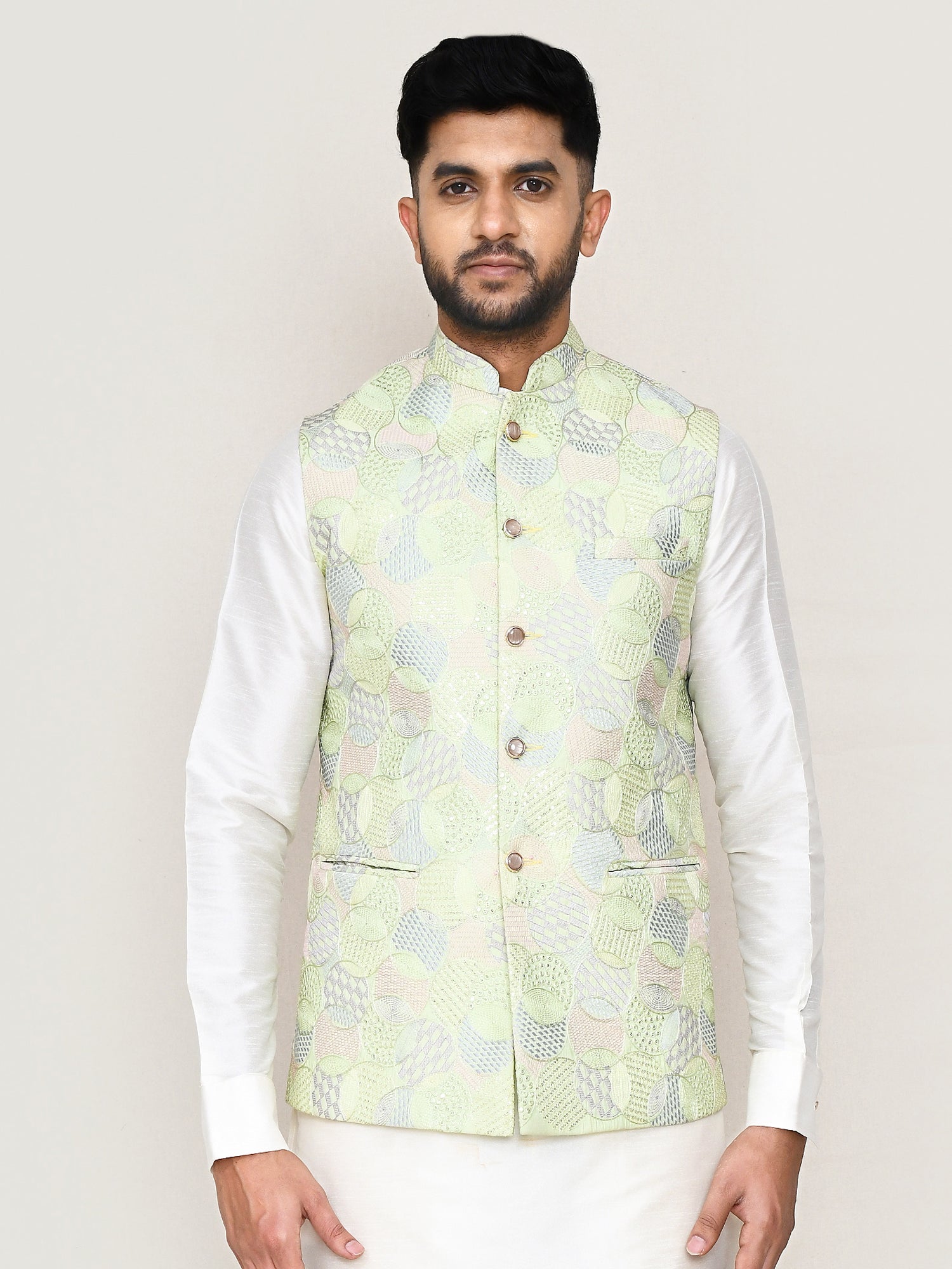 Pista Green Festive Waistcoat In Heavy Embroidery