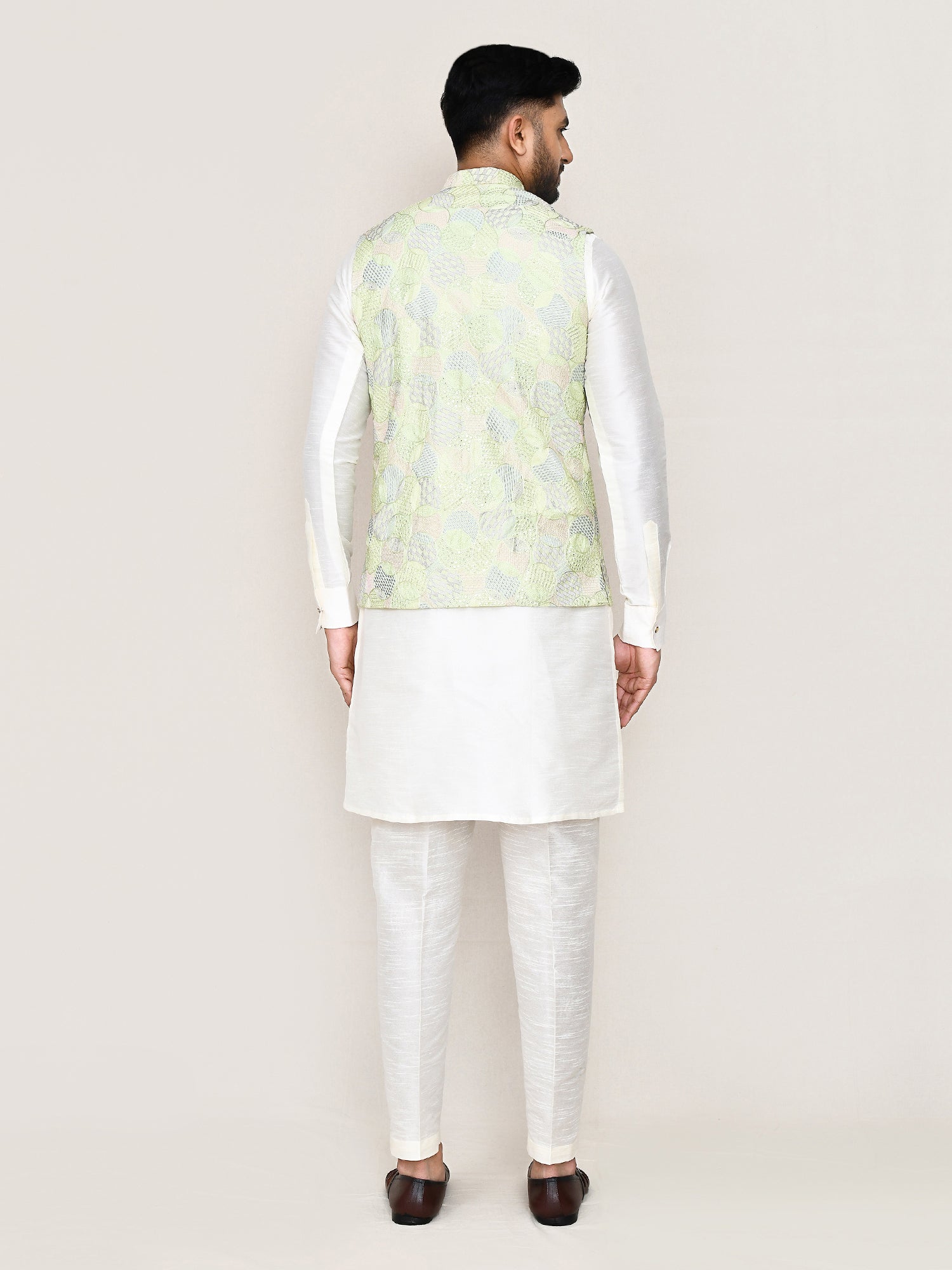 Pista Green Festive Waistcoat In Heavy Embroidery