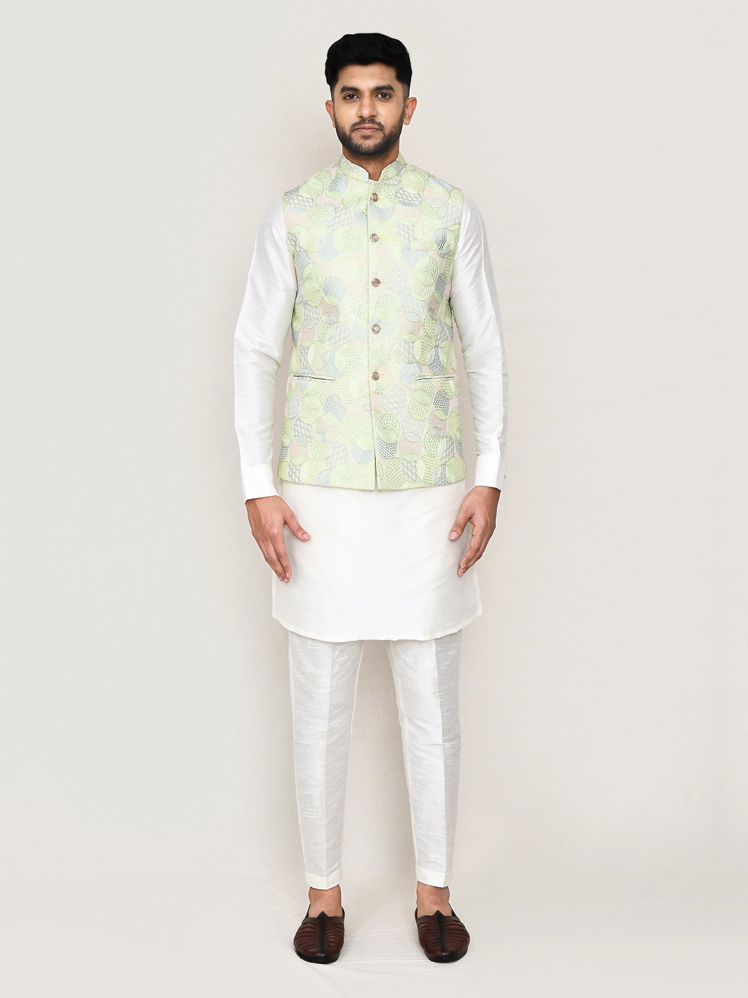 Pista Green Festive Waistcoat In Heavy Embroidery