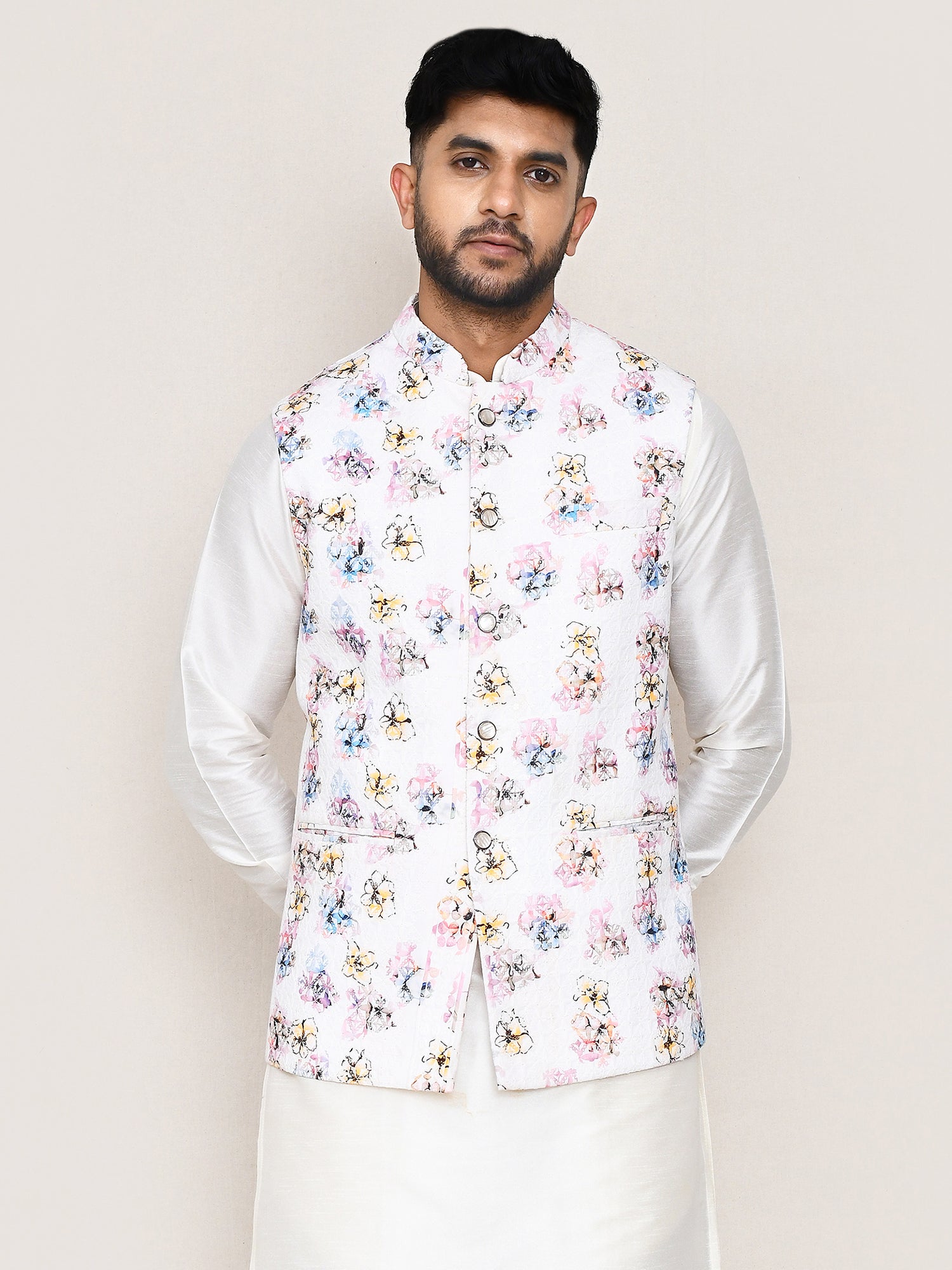 White Festive Wear Waistcoat In Cotton For Men