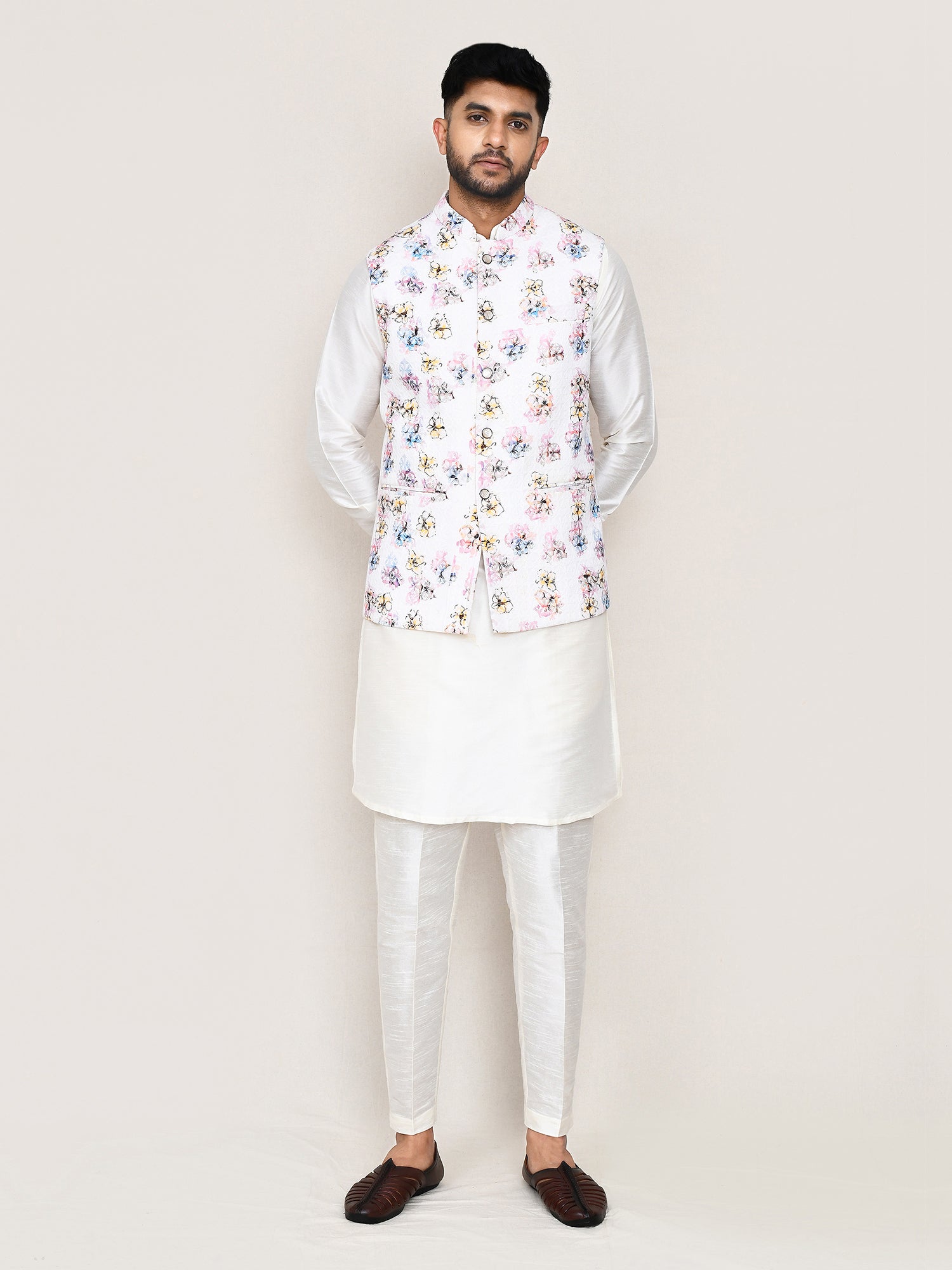 White Festive Wear Waistcoat In Cotton For Men
